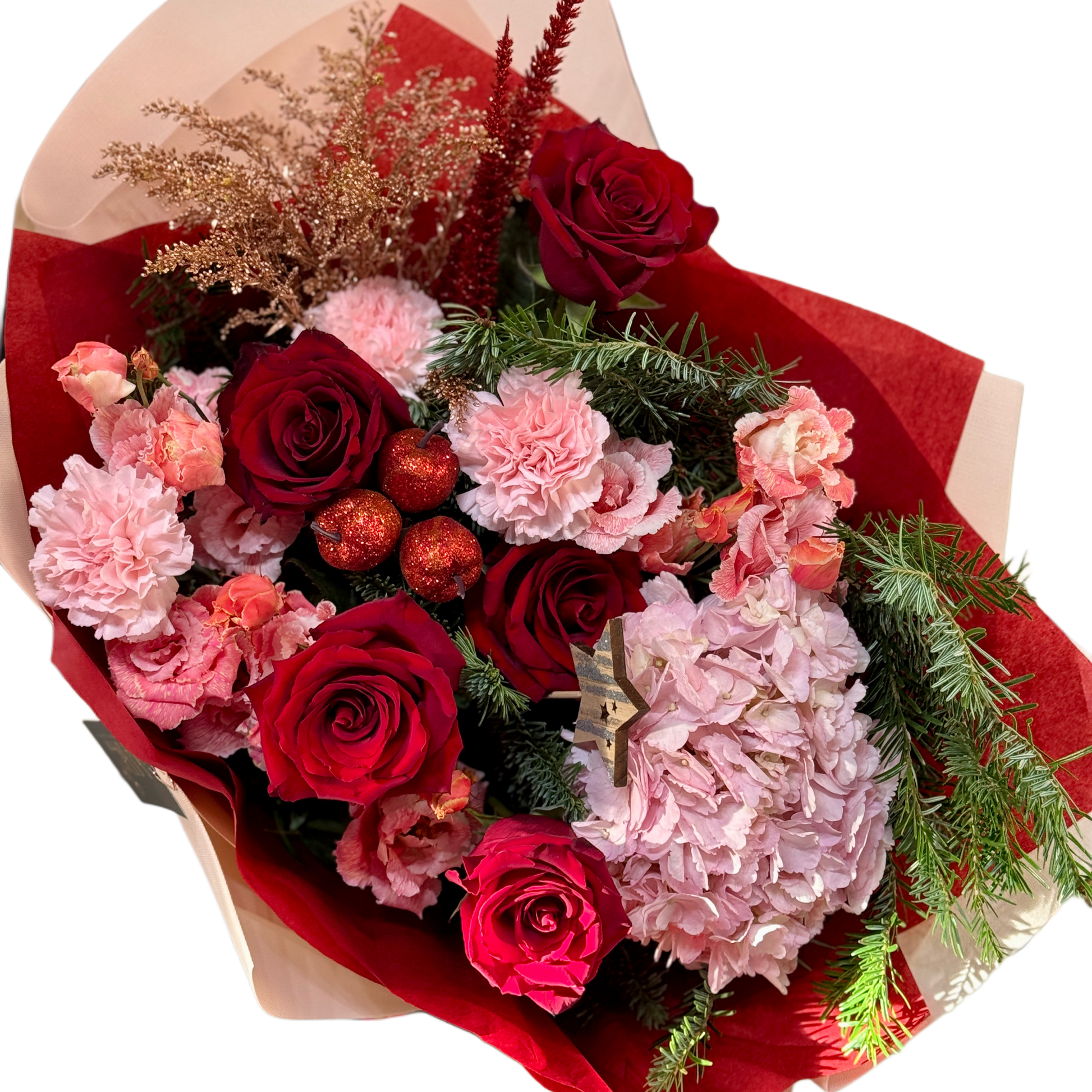 Buchet Festive Romance cu trandafiri roșii, hortensie și flori roz