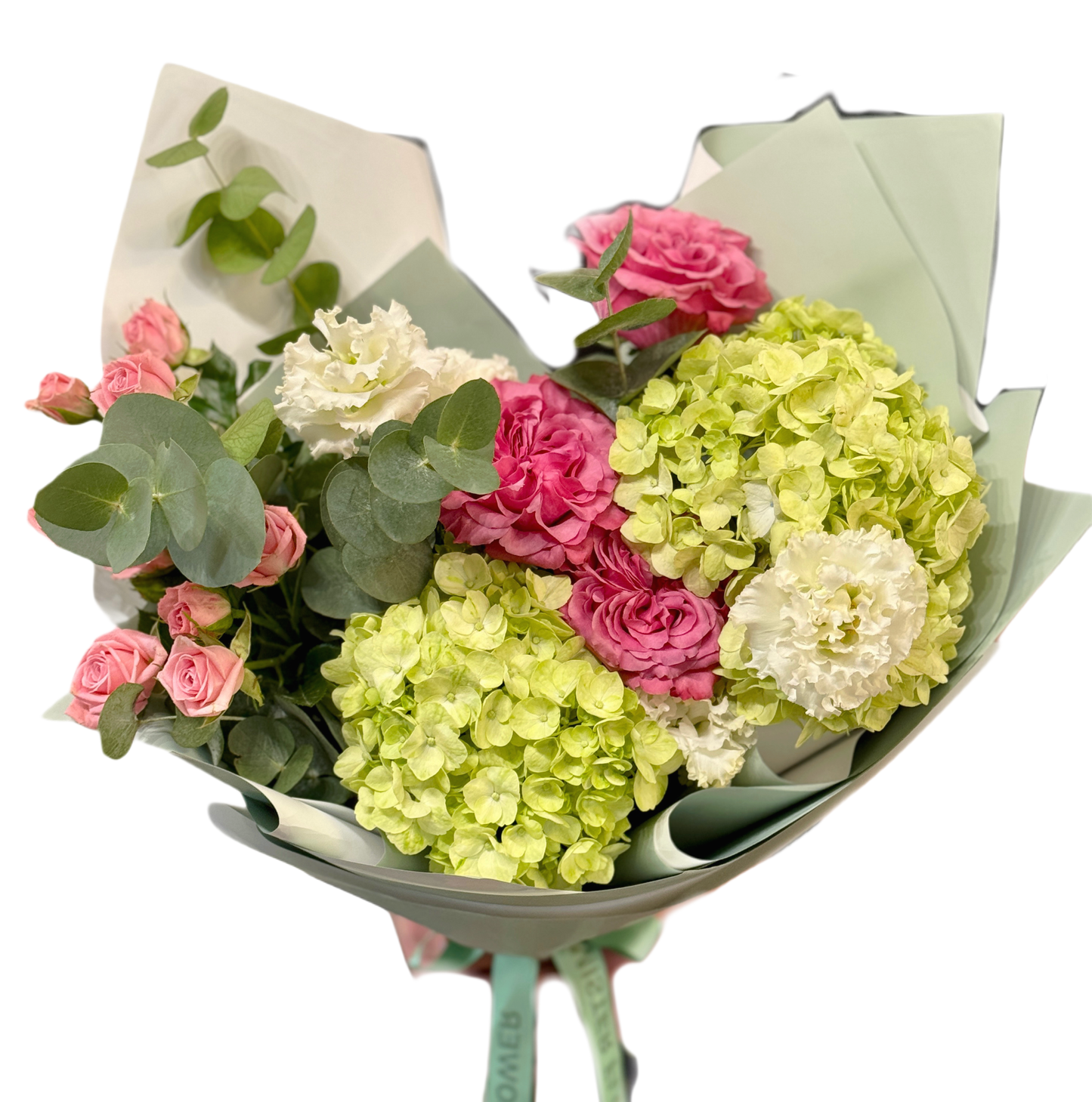 Buchet „Fresh Harmony” cu hortensie verde și trandafiri roz – Mister Flower Florești