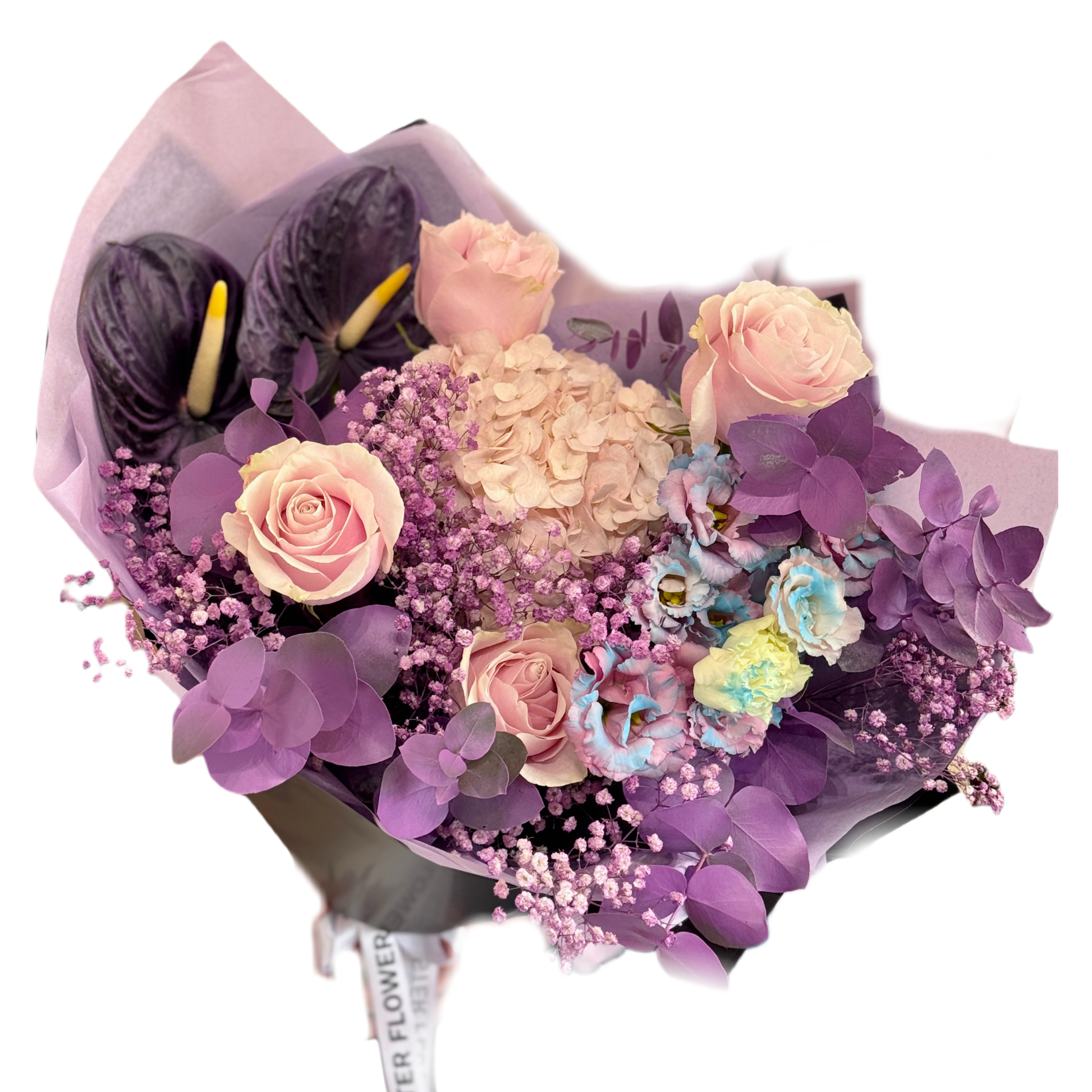 Buchet Galaxy Love cu trandafiri și hortensie în nuanțe mov – Mister Flower Florești Cluj
