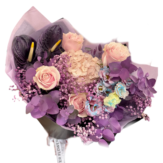 Buchet Galaxy Love cu trandafiri și hortensie în nuanțe mov – Mister Flower Florești Cluj