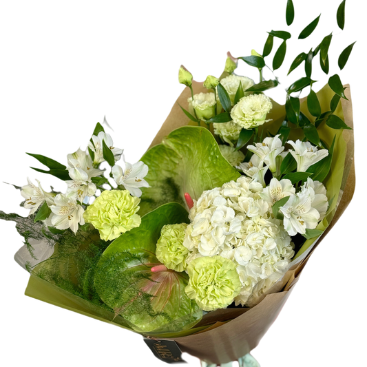 Buchet „Green Serenity” cu hortensie albă și anthurium verde – Mister Flower Florești