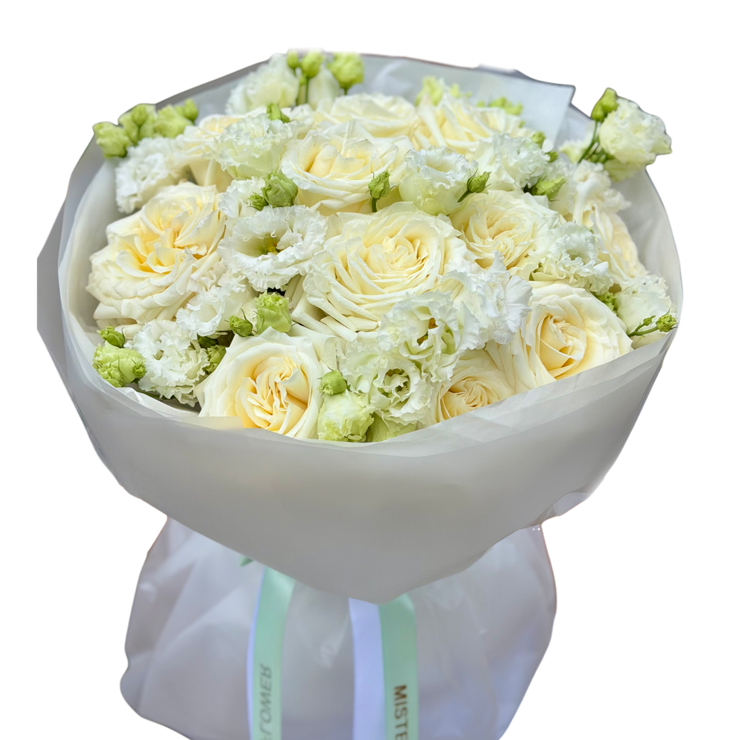 Buchet Ivory Serenity cu trandafiri ivoire și lisianthus alb – Mister Flower