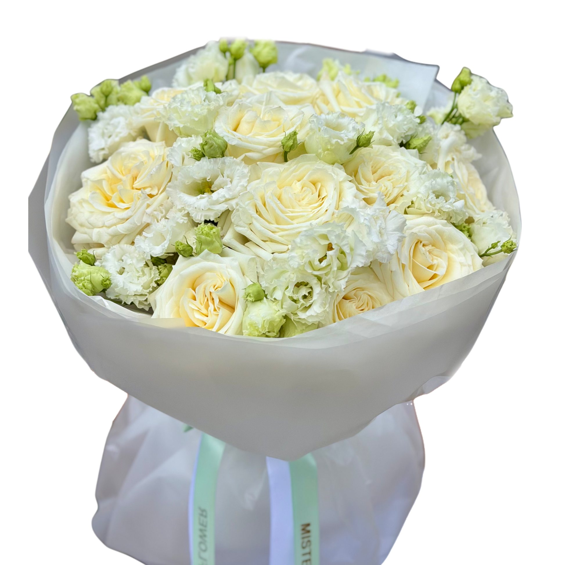 Buchet Ivory Serenity cu trandafiri ivoire și lisianthus alb – Mister Flower