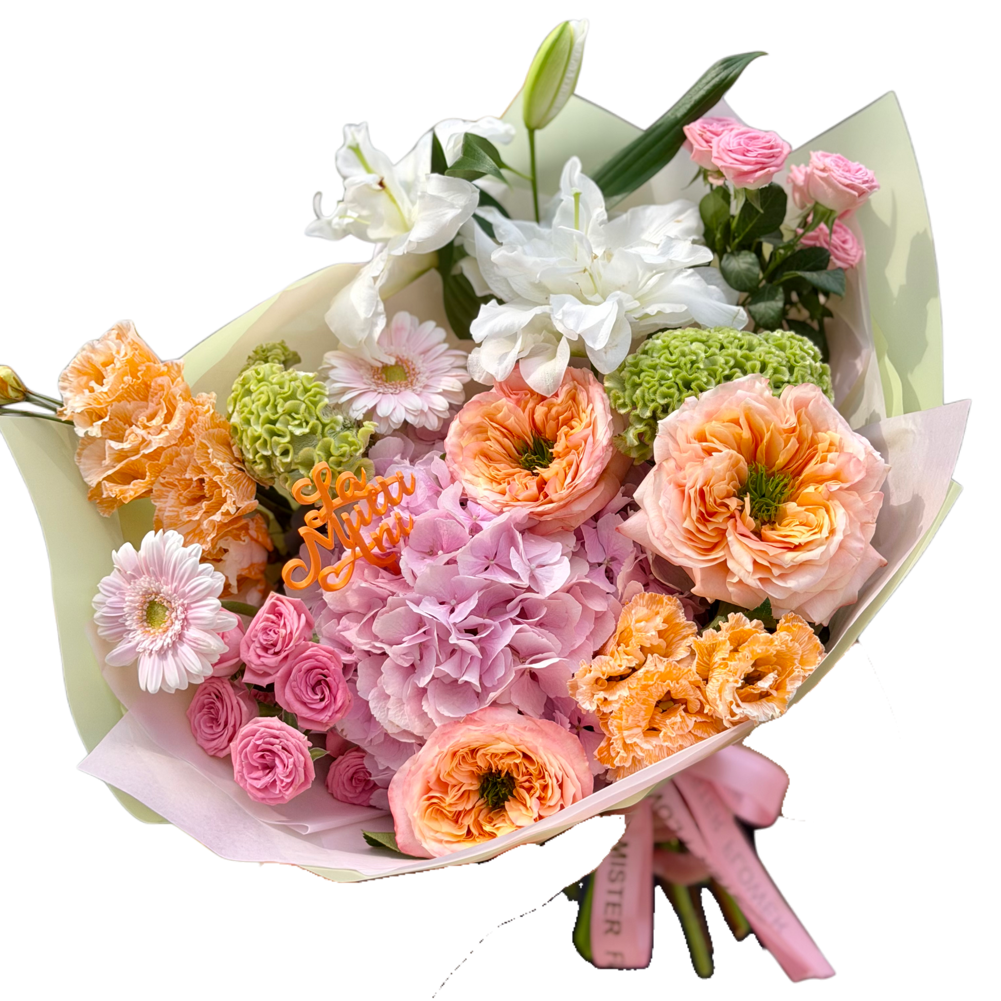 Buchet Peach Garden cu hortensie roz, trandafiri piersică și flori colorate