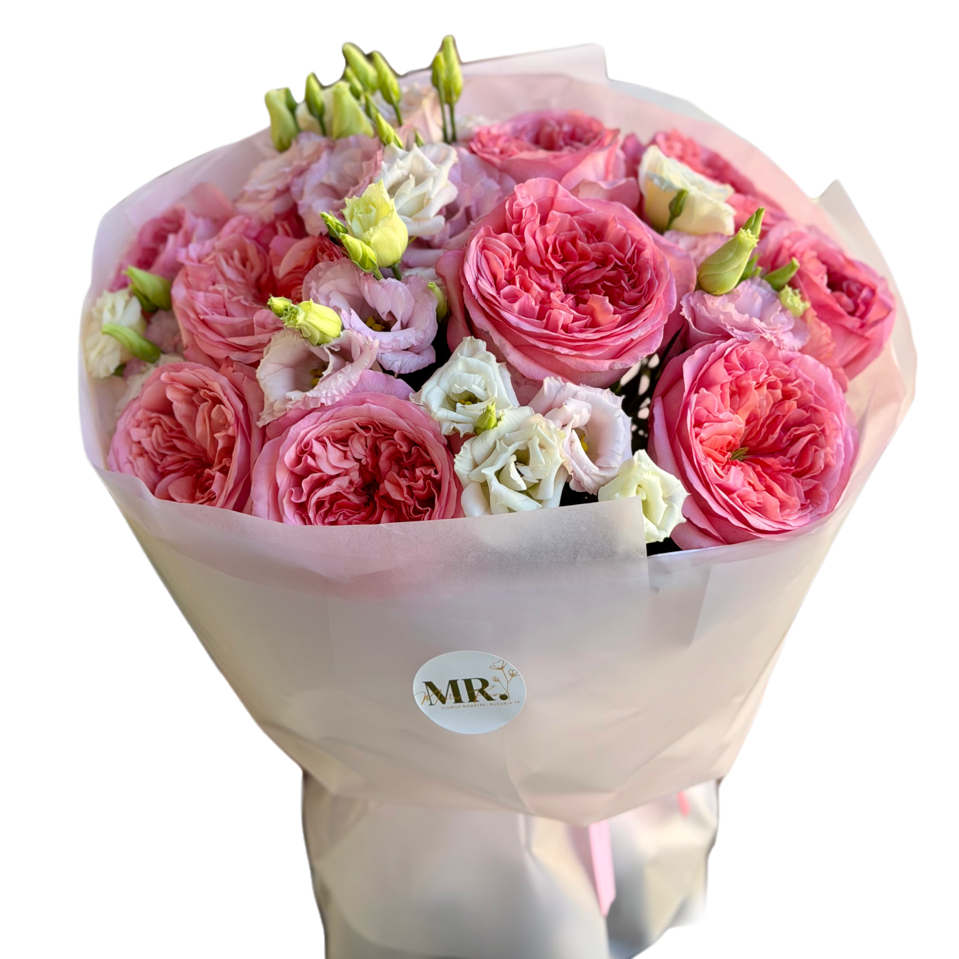 Buchet Pink Reverie cu trandafiri roz și lisianthus alb și roz