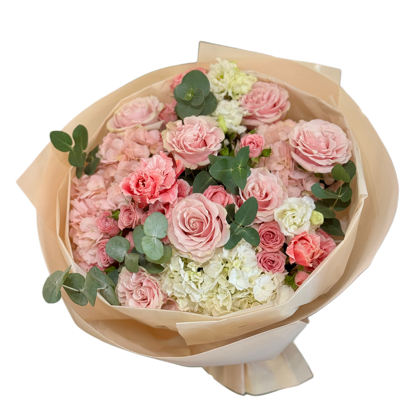 Buchet „Pink Symphony” cu trandafiri roz și hortensie, realizat de Mister Flower Florești