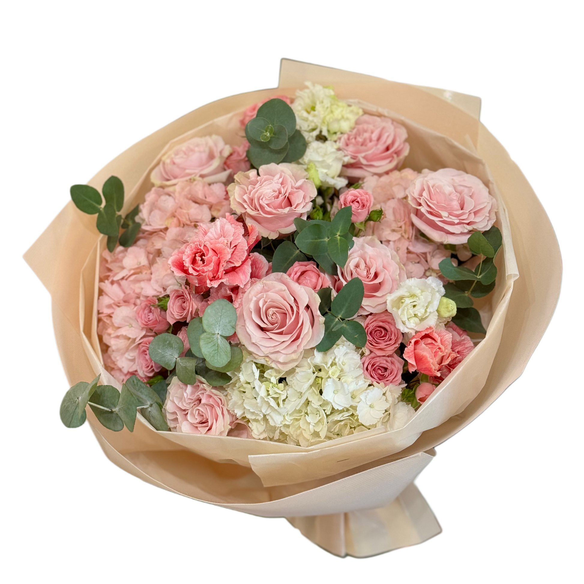 Buchet „Pink Symphony” cu trandafiri roz și hortensie, realizat de Mister Flower Florești