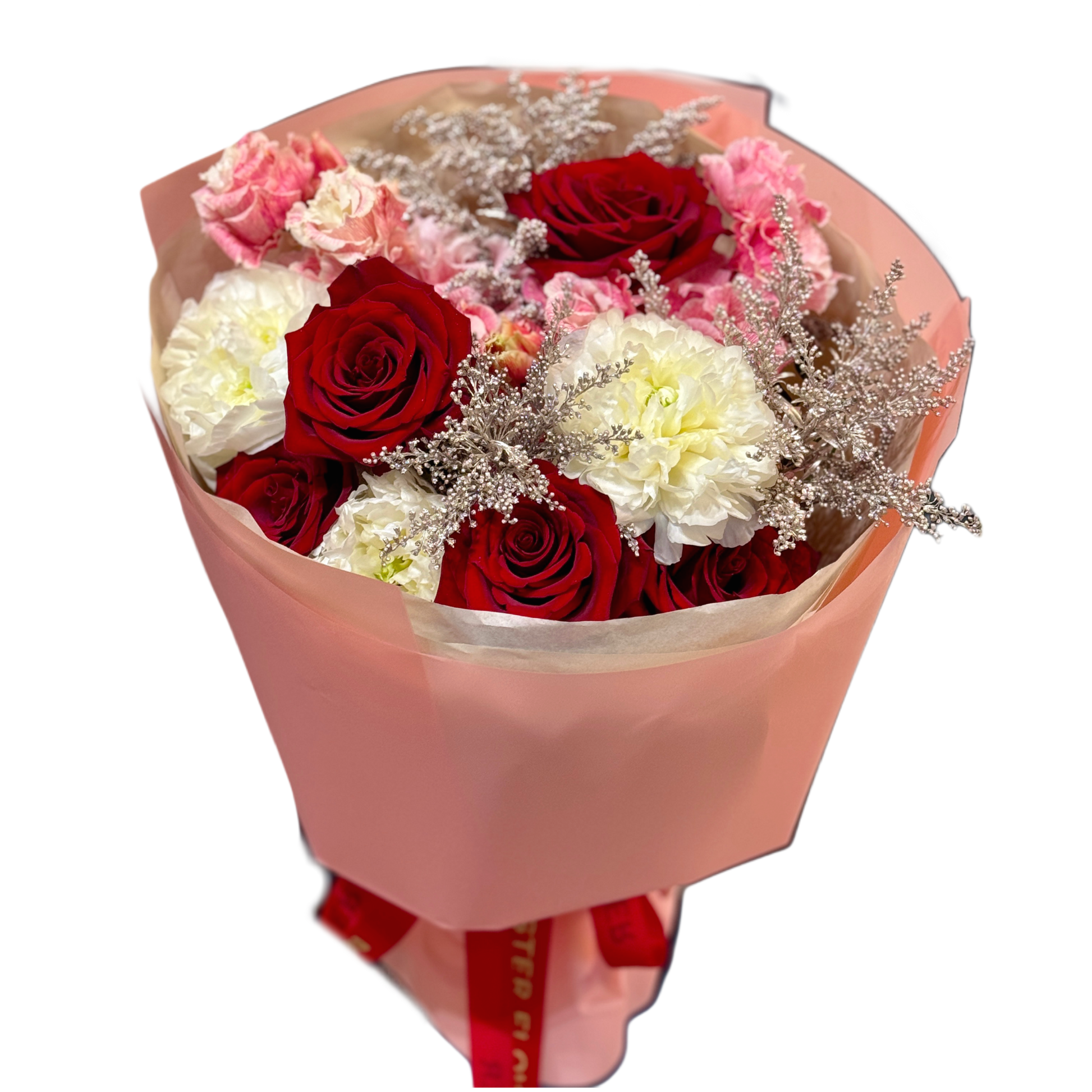 Buchet „Red Elegance” cu trandafiri roșii și bujori albi, realizat de Mister Flower Florești