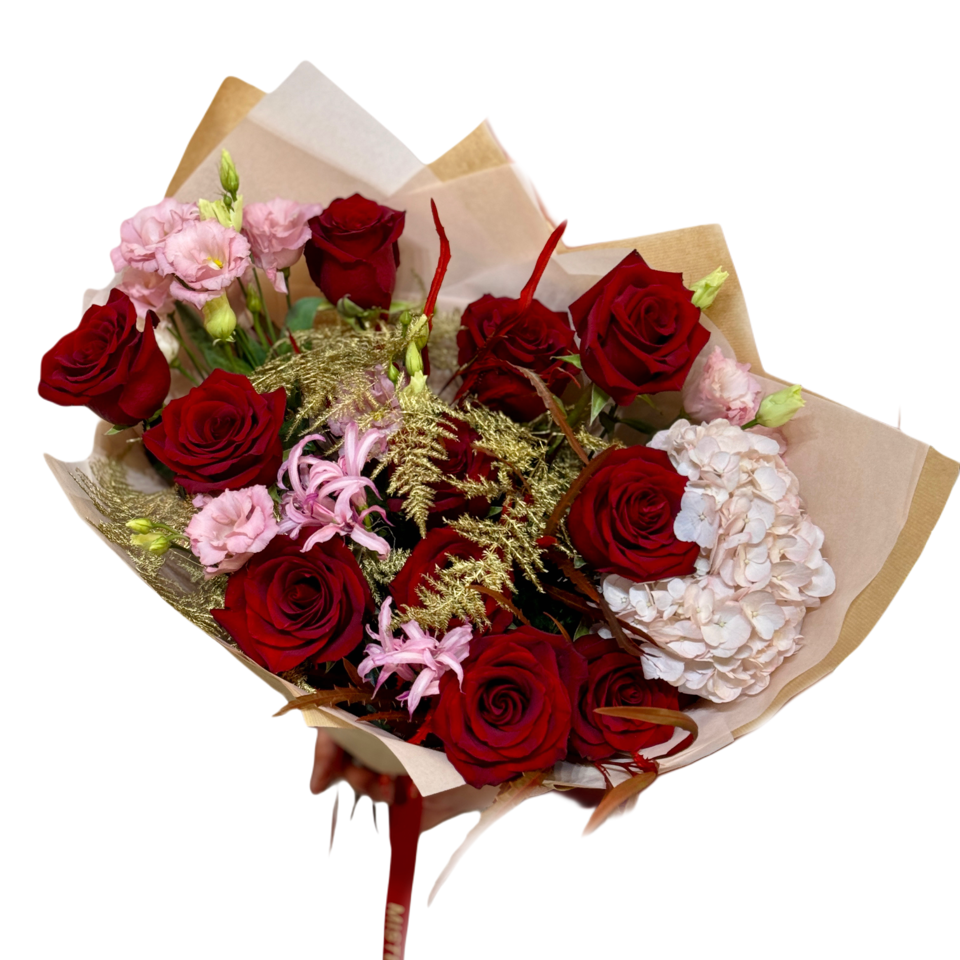 Buchet premium elegant în nuanțe de roșu și roz cu accente aurii