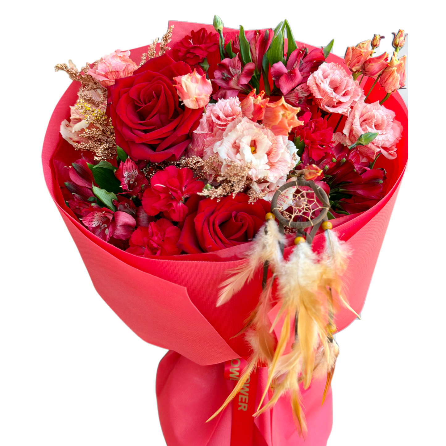 Buchet Rouge Bohème cu trandafiri roșii și flori roz-piersică – Mister Flower