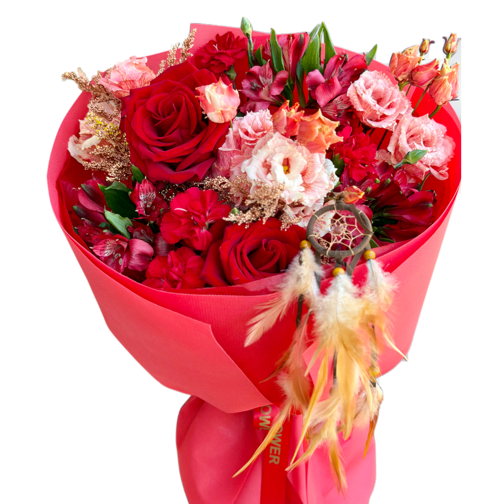 Buchet Rouge Bohème cu trandafiri roșii și flori roz-piersică – Mister Flower