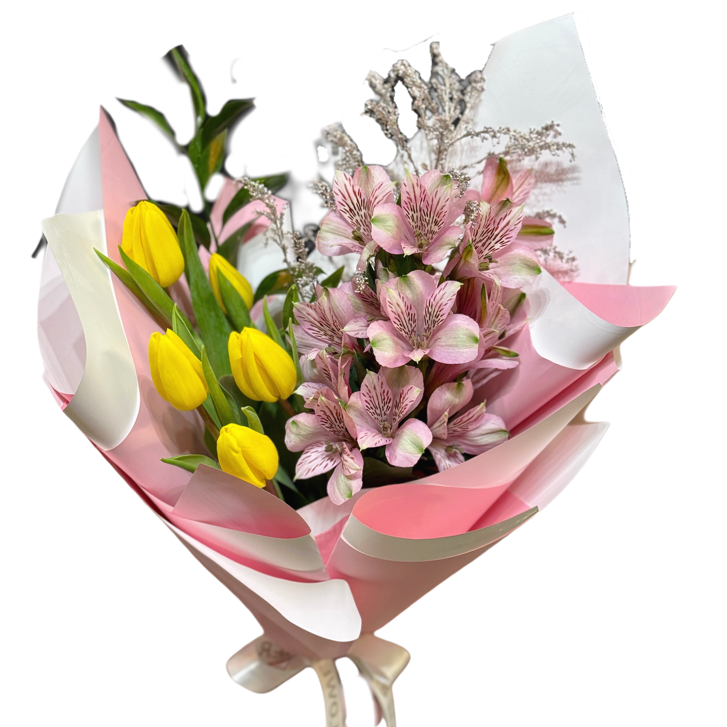 Buchet „Sunny Blush” cu lalele galbene și alstroemeria roz – Mister Flower Florești