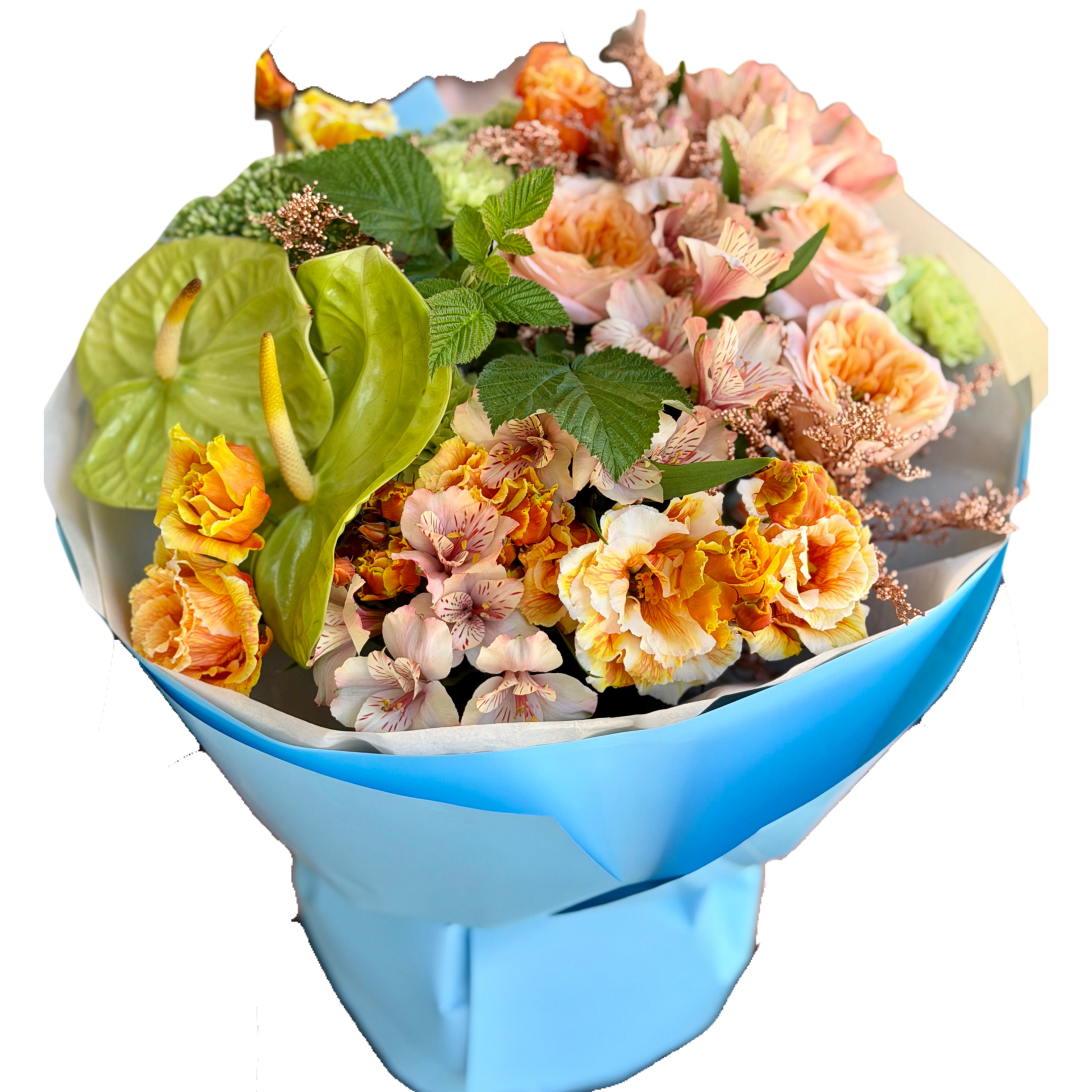 Buchet Tropical Sunset cu anthurium verde și flori peach – Mister Flower
