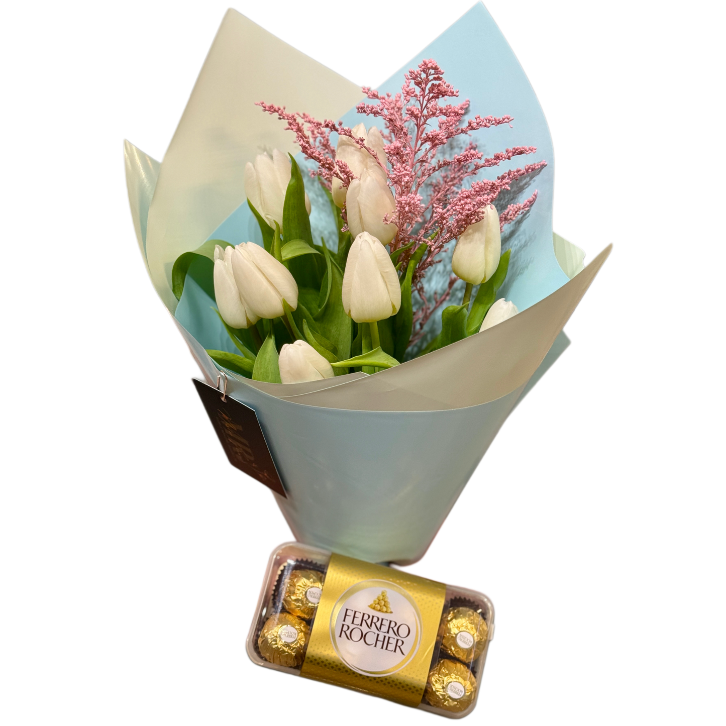 Buchet „White Tulip Delight” cu lalele albe și Ferrero Rocher – Mister Flower Florești