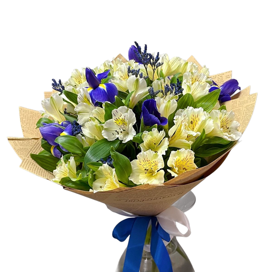 Buchet cu iris și alstroemeria proaspăt și elegant – livrare Cluj și Florești