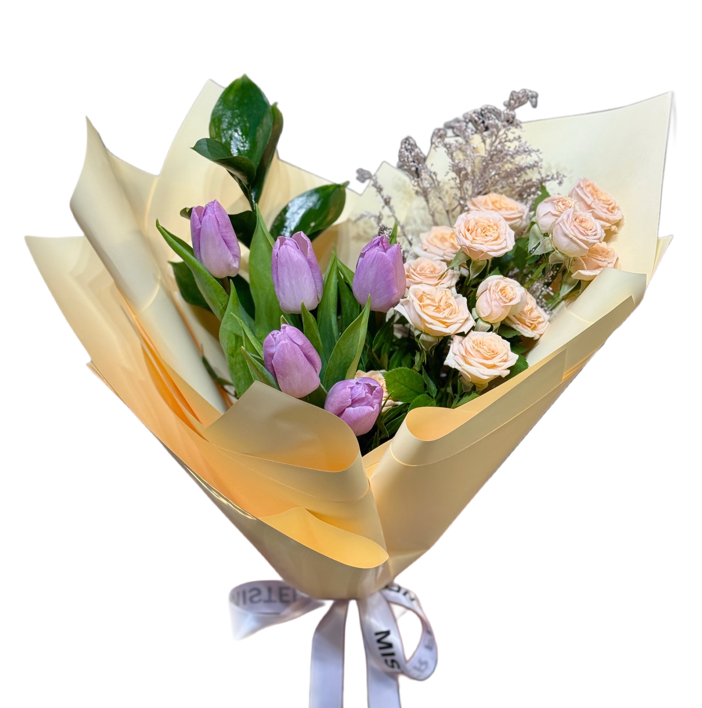 Buchet cu lalele mov și trandafiri crem, livrare Florești și Cluj-Napoca – Mister Flower