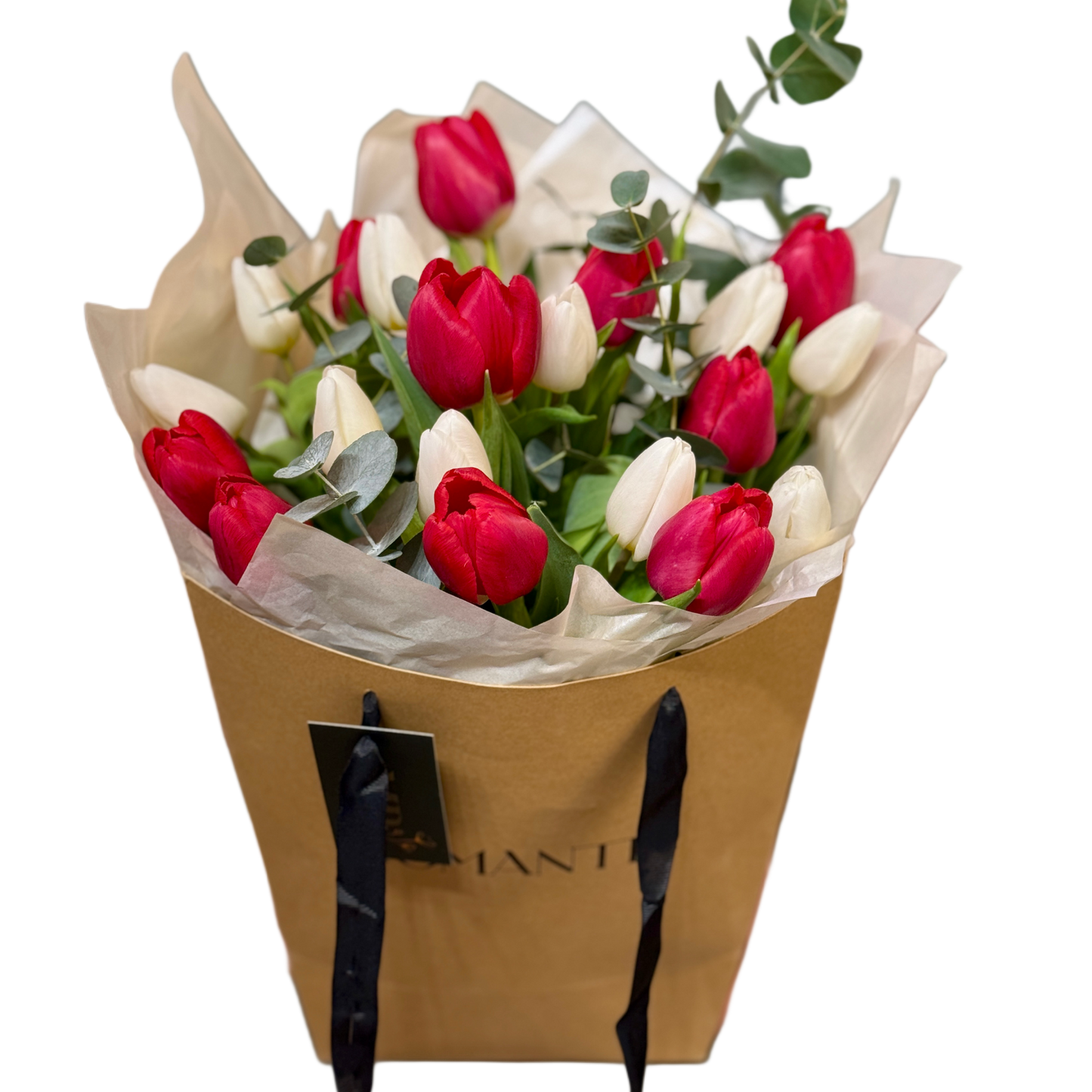 Buchet cu lalele roșii și albe în pungă premium – Mister Flower