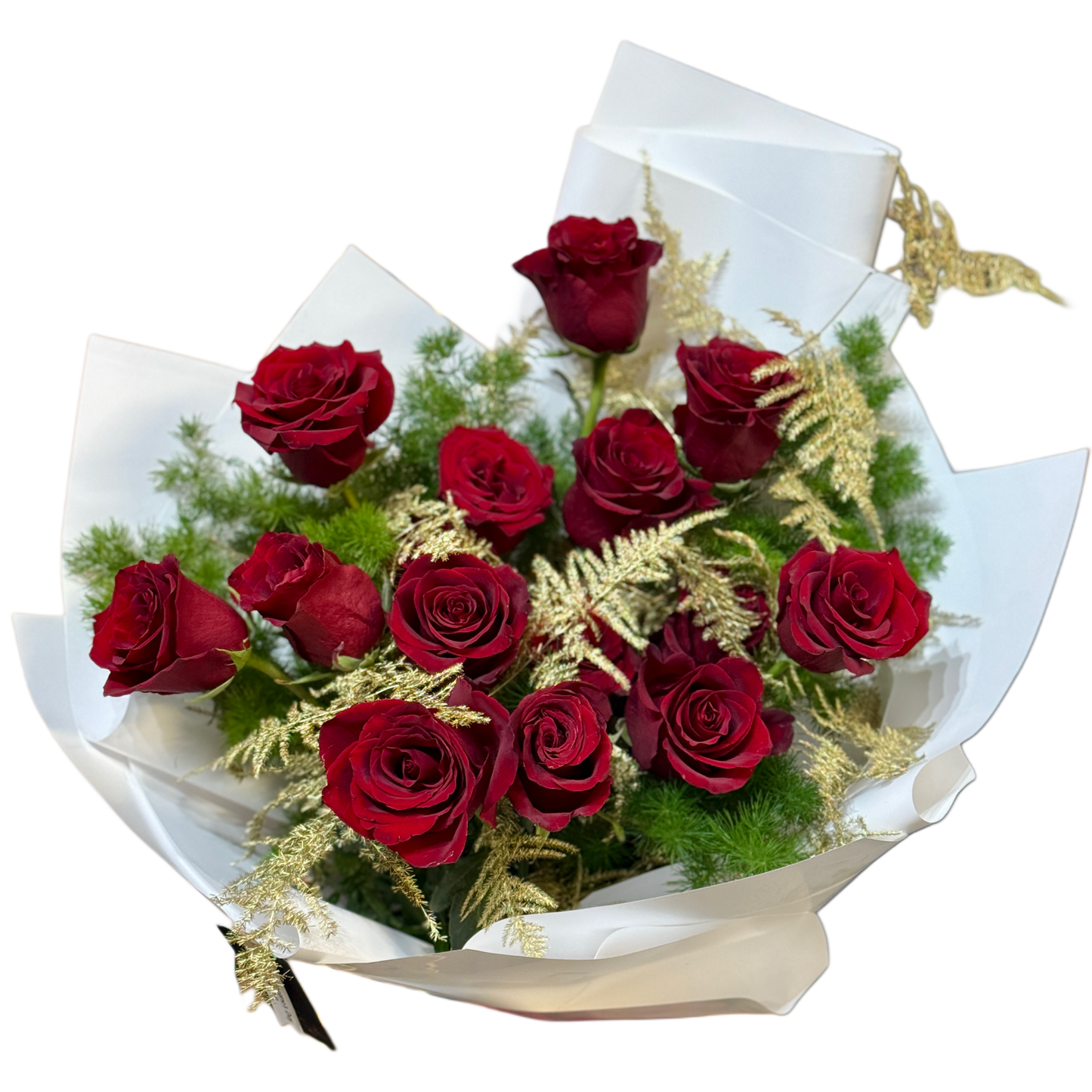 Buchet cu trandafiri roșii și accente aurii – Mister Flower