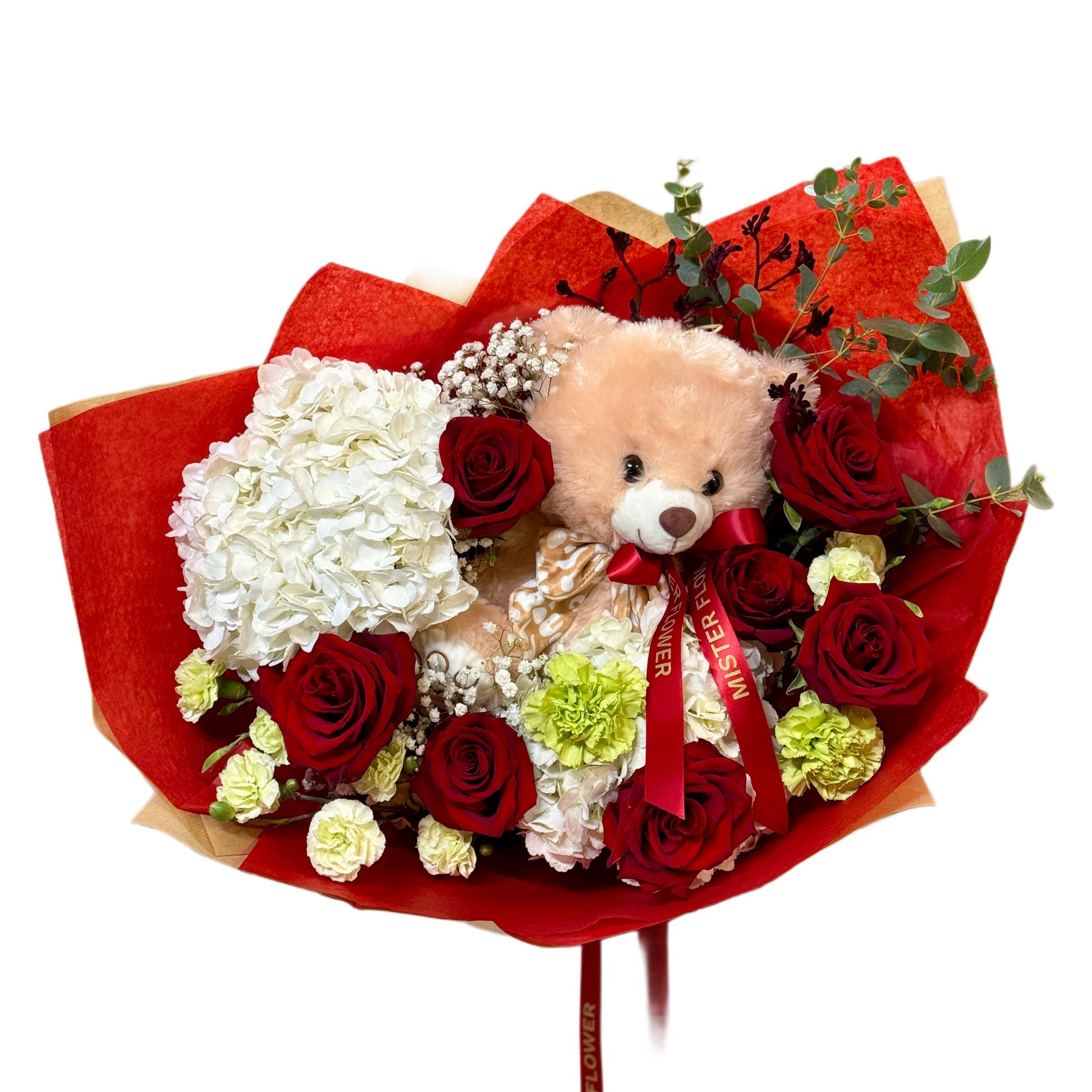 Buchet cu trandafiri roșii și ursuleț de pluș