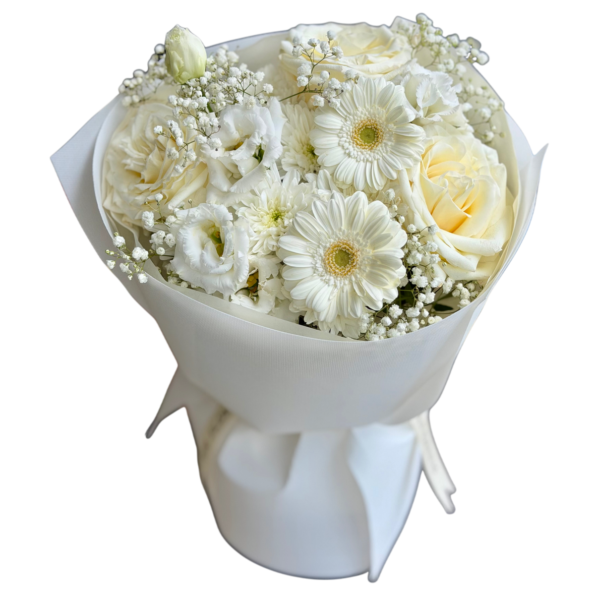 Buchet de flori albe Blanc Élégance cu trandafiri și gerbera – Mister Flower Cluj