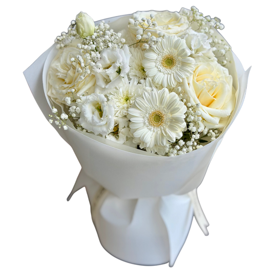 Buchet de flori albe Blanc Élégance cu trandafiri și gerbera – Mister Flower Cluj