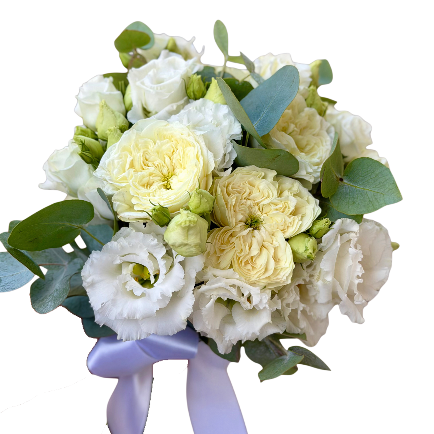 Buchet de mireasă Ivory Grace cu trandafiri garden albi, lisianthus și eucalipt
