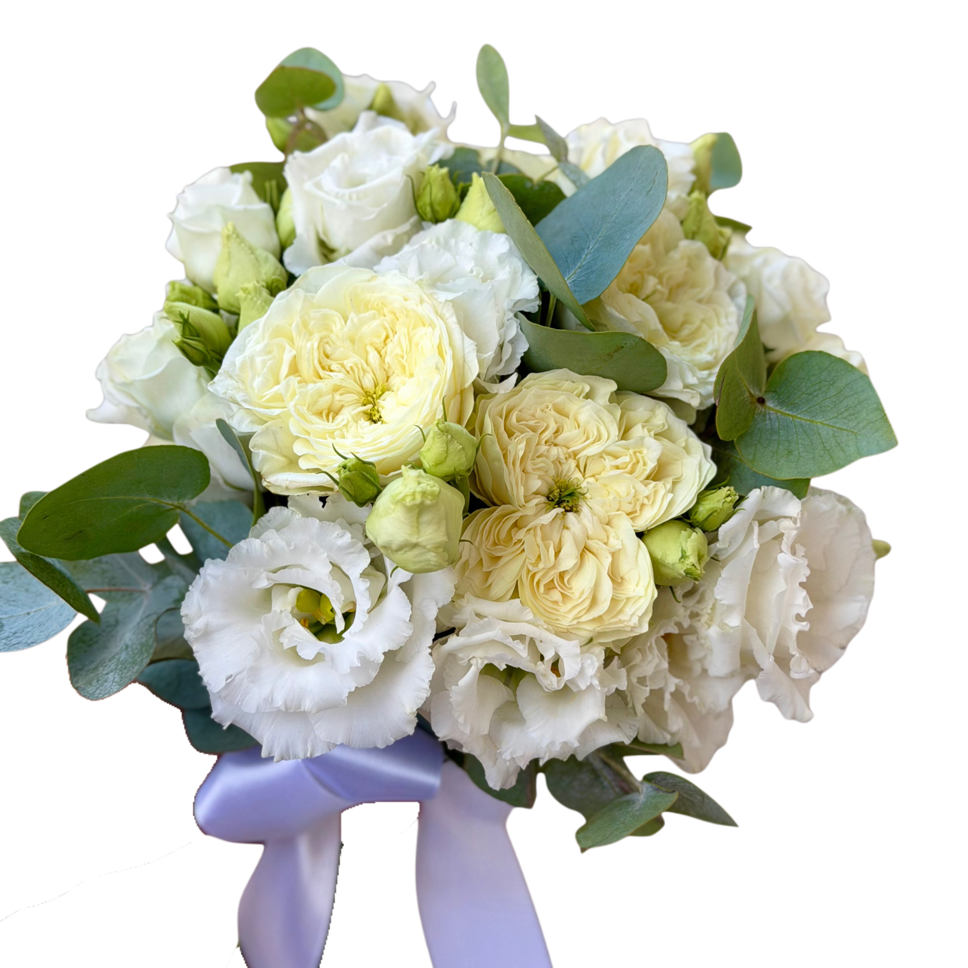 Buchet de mireasă Ivory Grace cu trandafiri garden albi, lisianthus și eucalipt