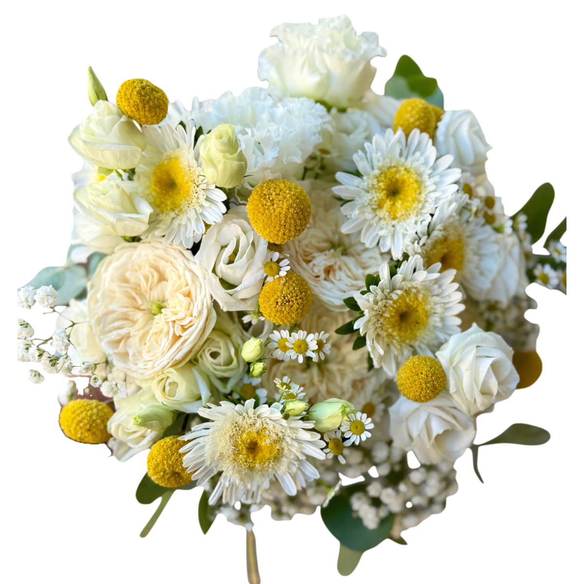 Buchet de mireasă alb Lumière cu flori ivory și accente galbene în Cluj-Napoca