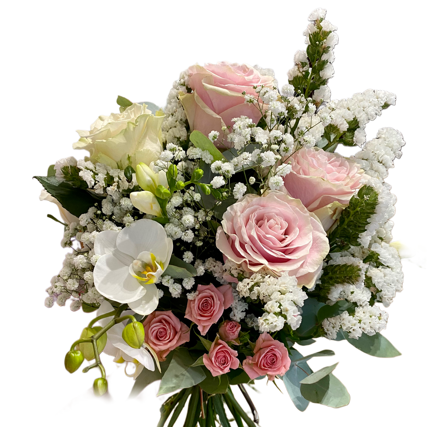Buchet de mireasă cu orhidee, trandafiri și gypsophila – Orchid Love, livrare Cluj