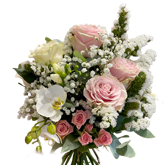 Buchet de mireasă cu orhidee, trandafiri și gypsophila – Orchid Love, livrare Cluj