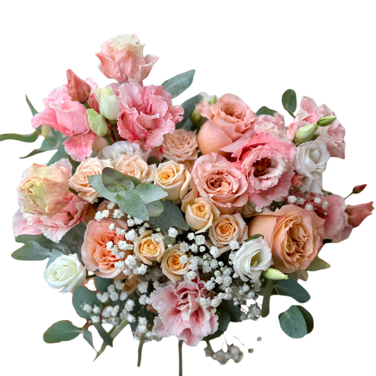 Buchet de mireasă roz Amélie cu trandafiri și lisianthus în Cluj-Napoca