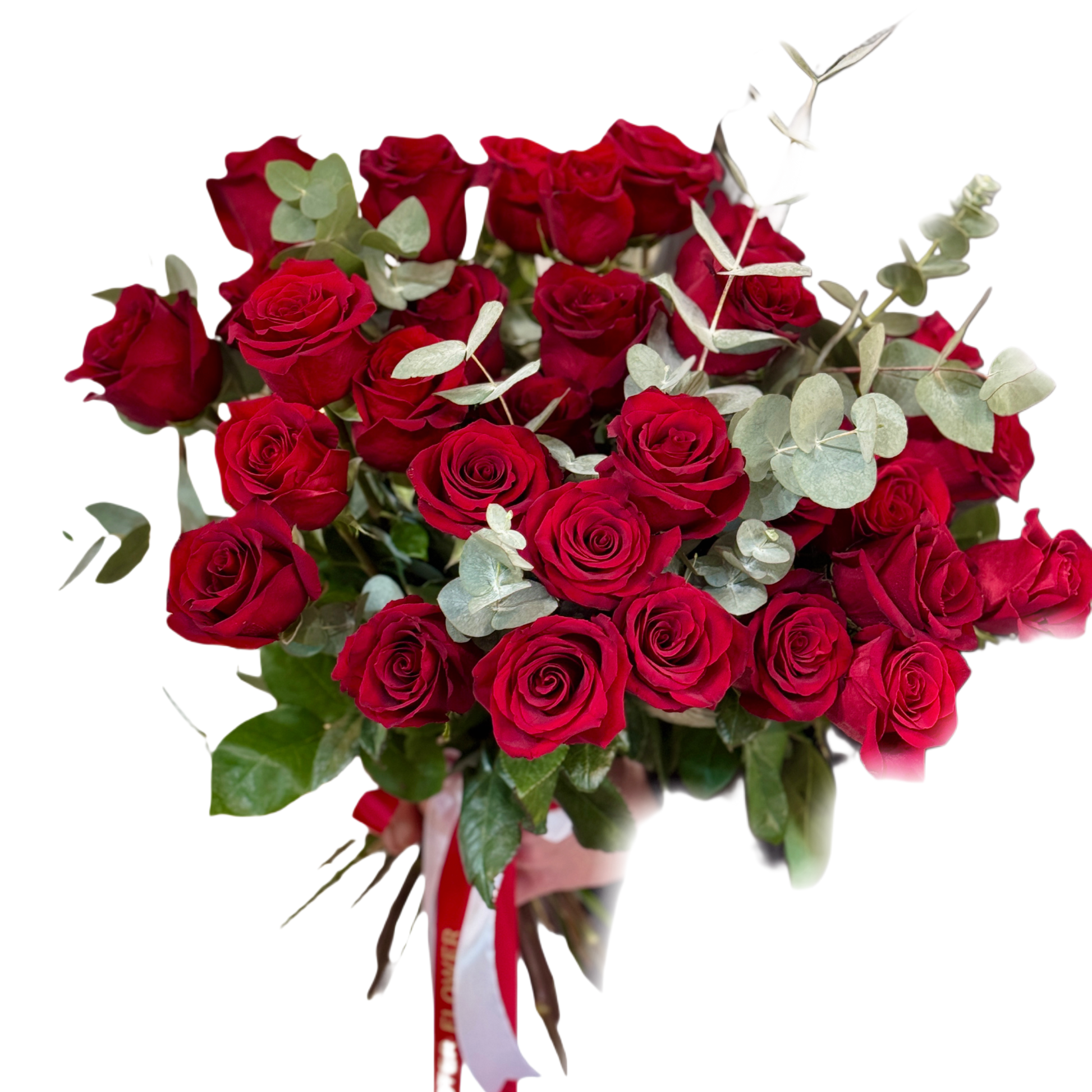 Buchet de trandafiri roșii proaspeți cu eucalipt – Red Roses Elegance