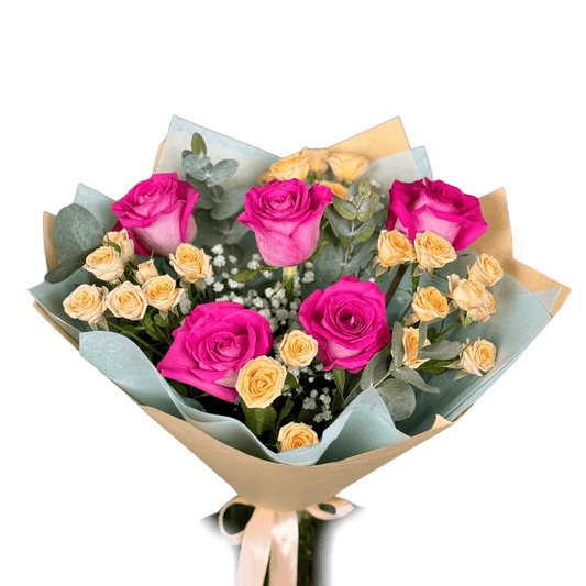 Buchet de trandafiri roz și minirose peach – flori pastelate livrare Cluj