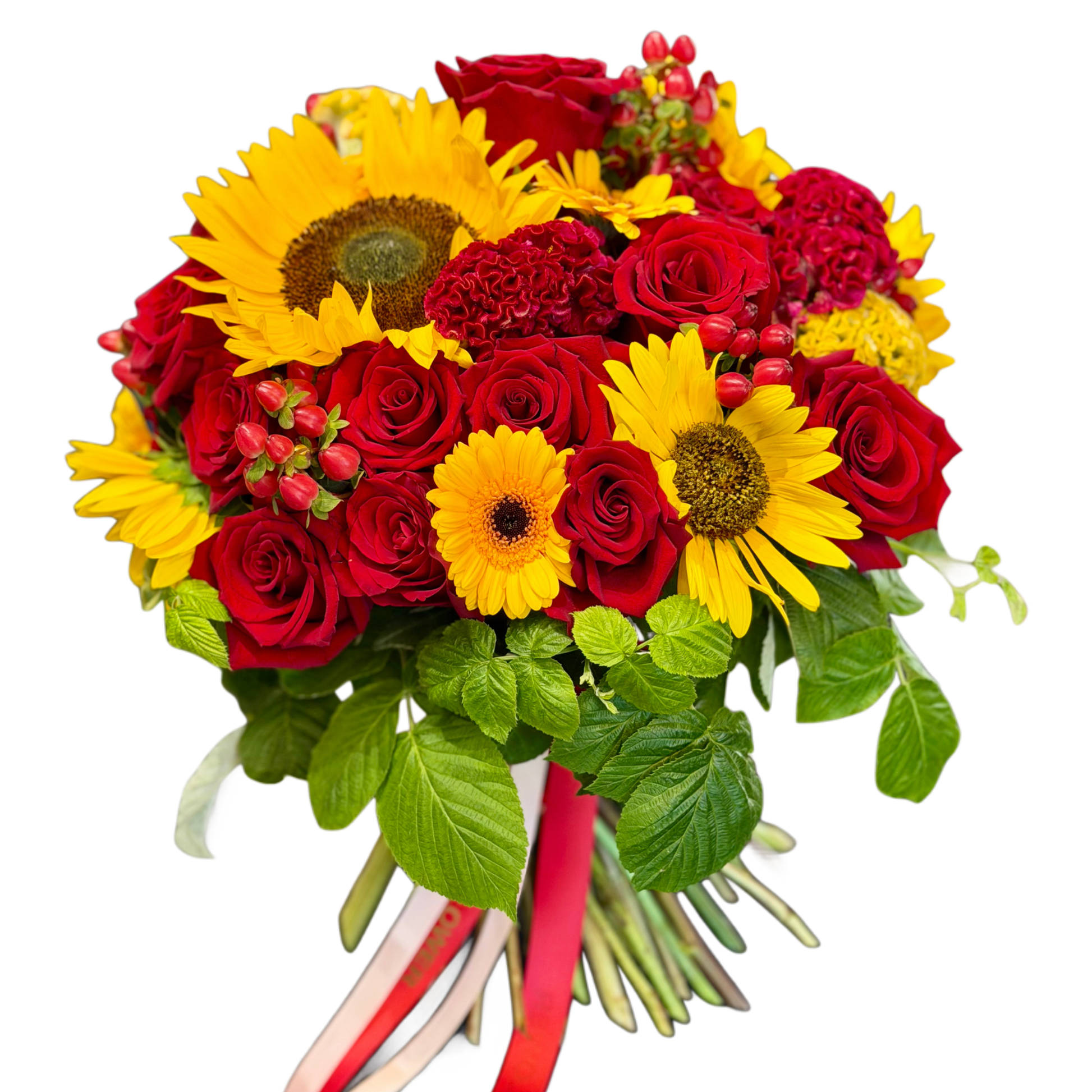 Buchet mare de flori roșii și galbene cu trandafiri – Mister Flower Cluj