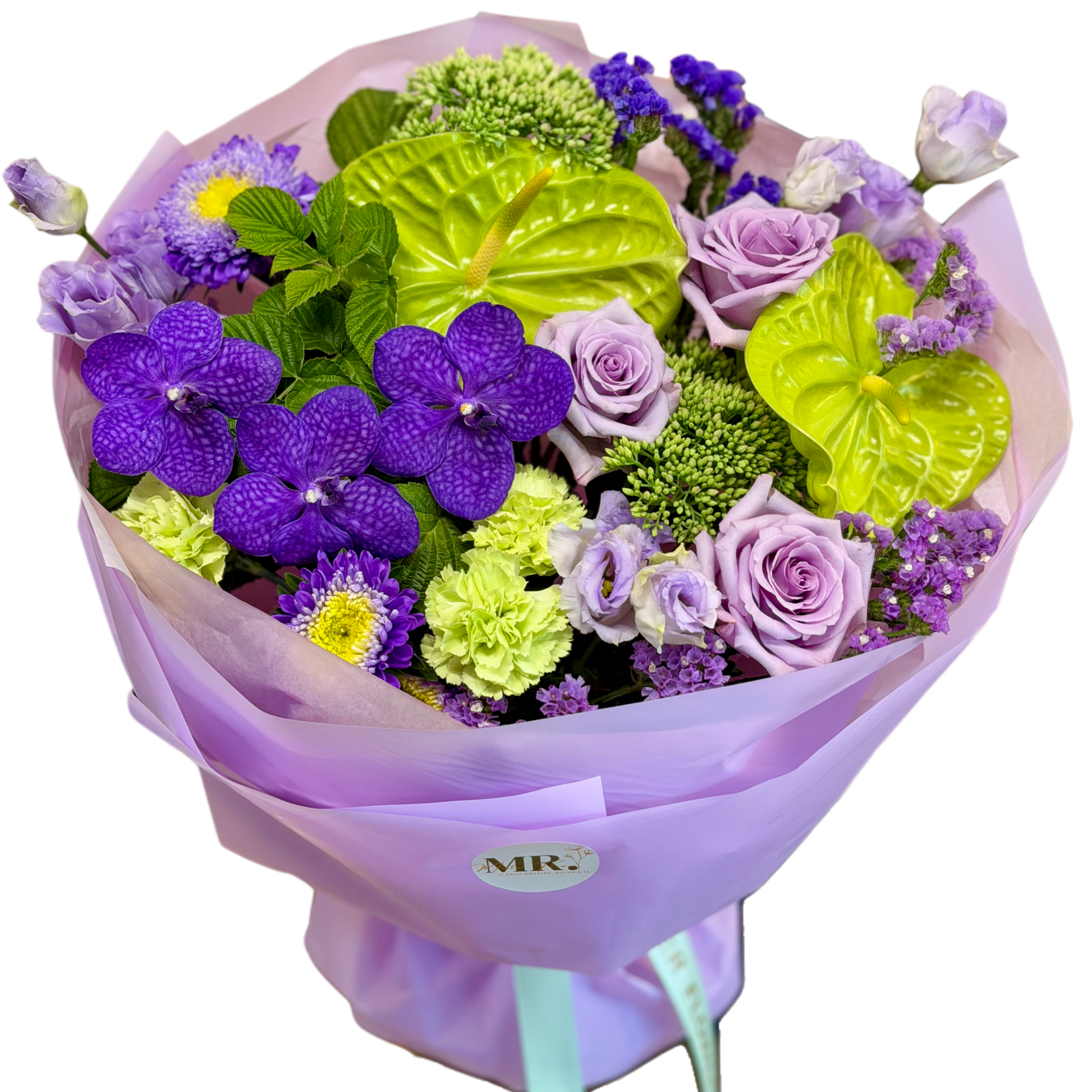 Buchet mov și verde cu orhidee Vanda și trandafiri lila – Mister Flower Cluj