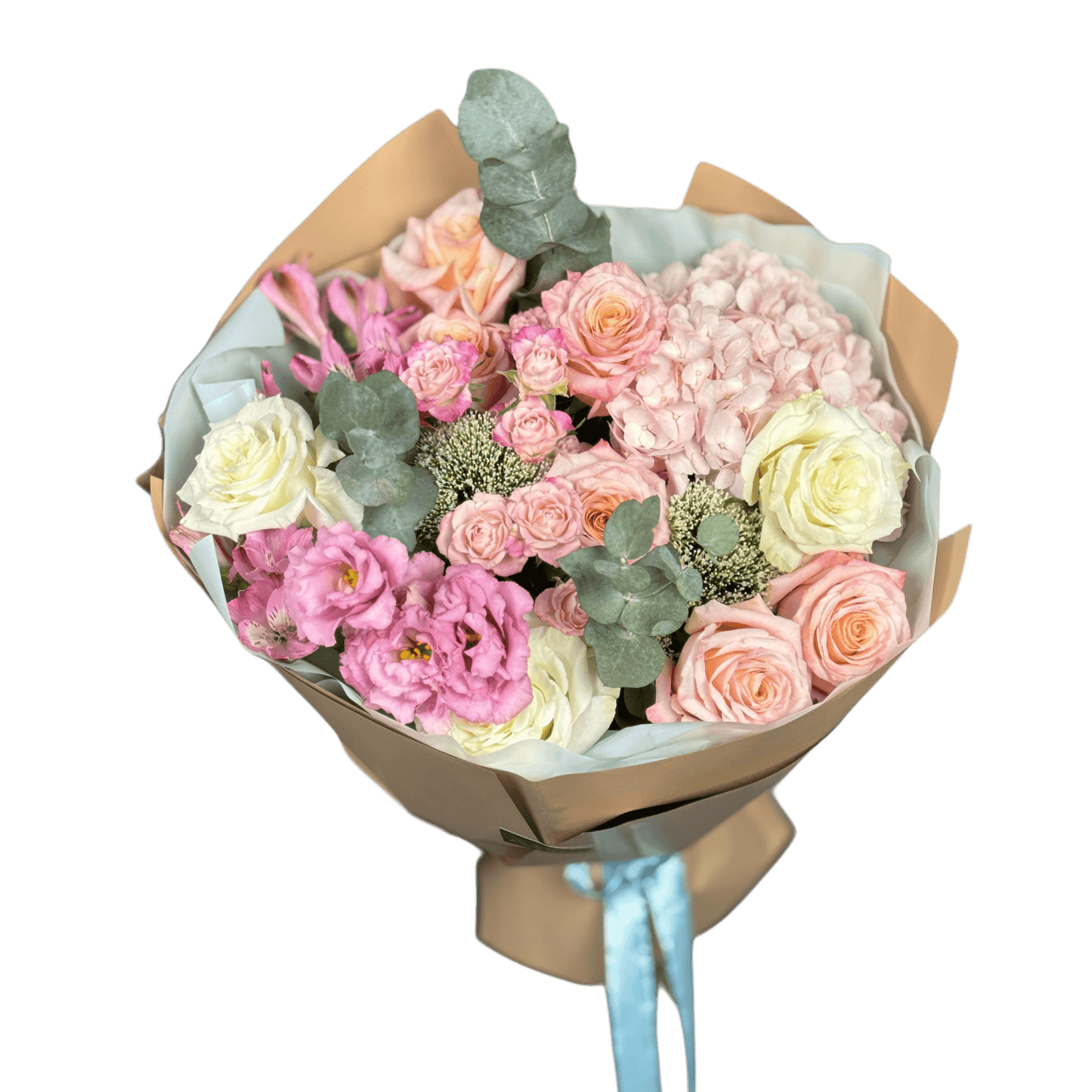 Buchet de flori pastelate cu hortensii și trandafiri – livrare Cluj