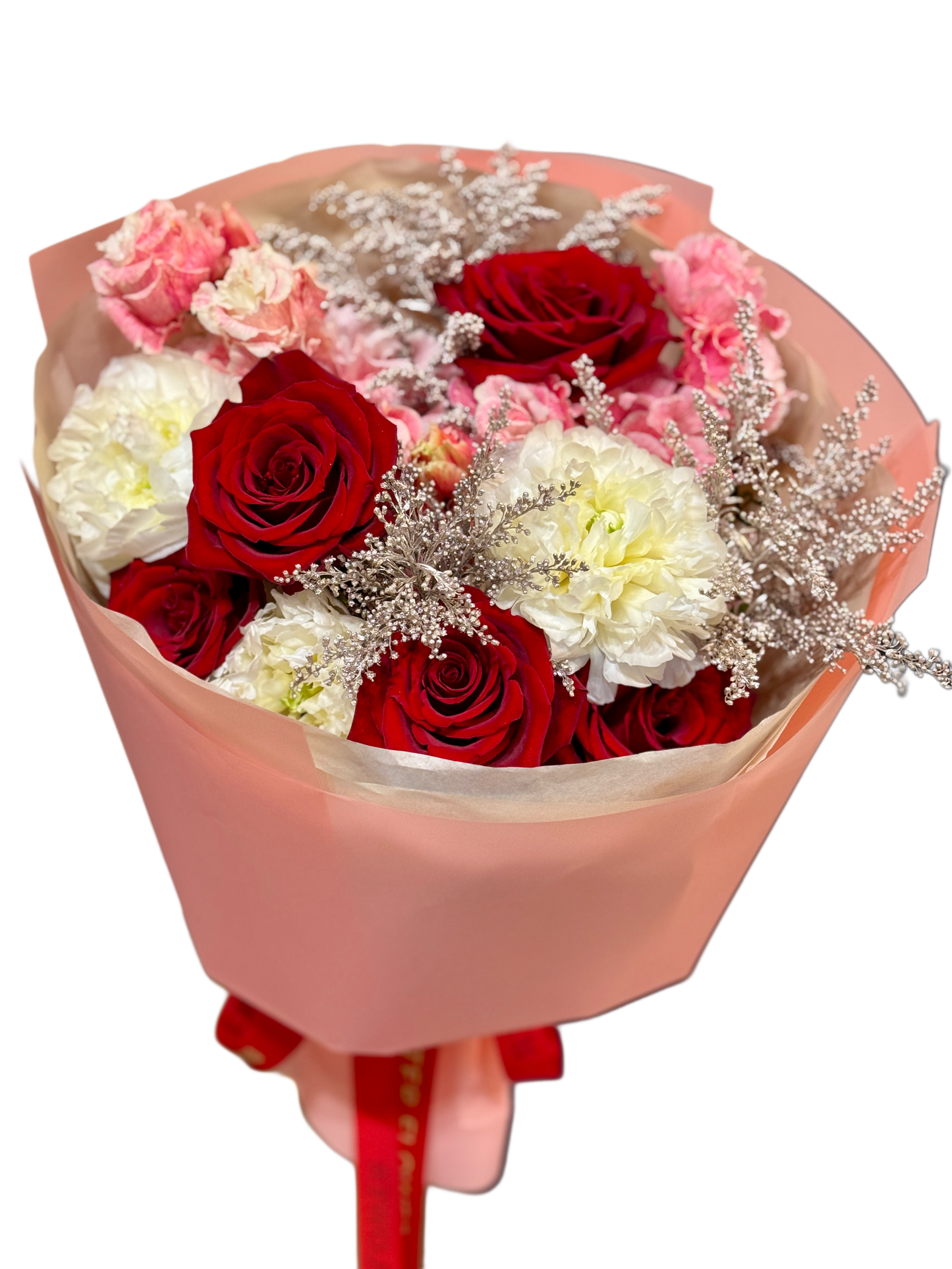 Buchet romantic cu trandafiri roșii și bujori albi pentru Valentine’s Day, realizat în Florești