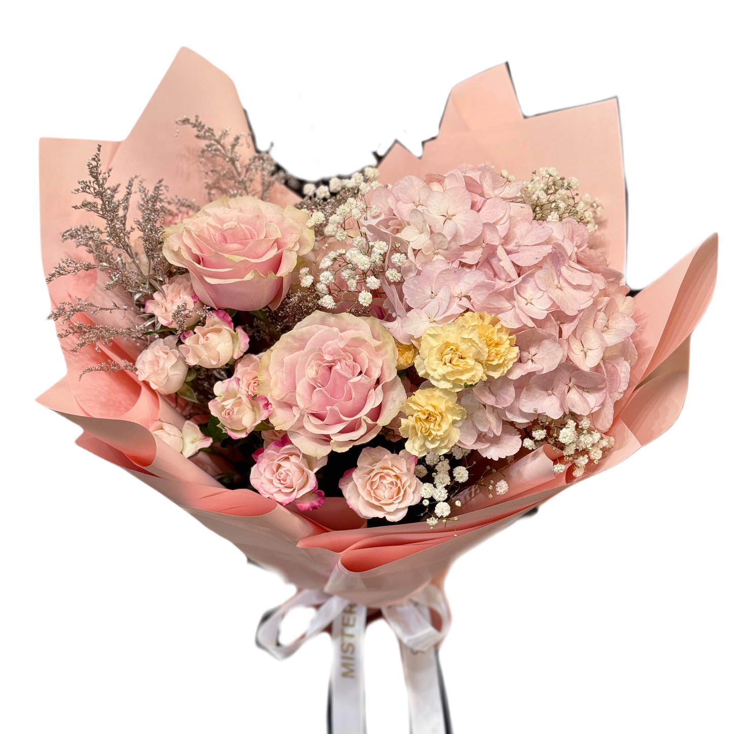 Buchet romantic cu trandafiri roz și hortensie, ambalat elegant – Mister Flower Florești Cluj