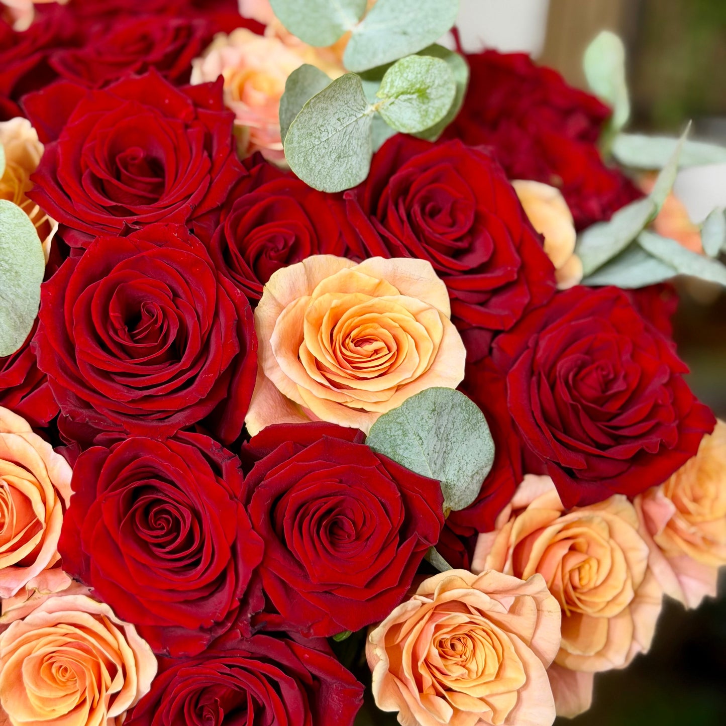 Buchet romantic din 60 de trandafiri roșii și piersică, Mister Flower Cluj