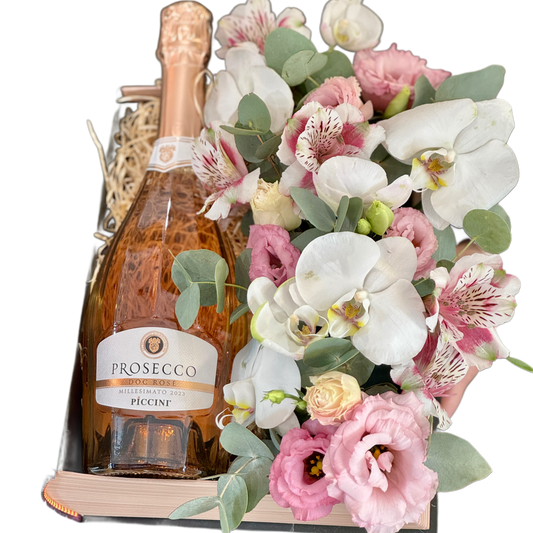 Cadou floral cu Prosecco și flori roz pastel – Florăria Mister Flower Florești Cluj