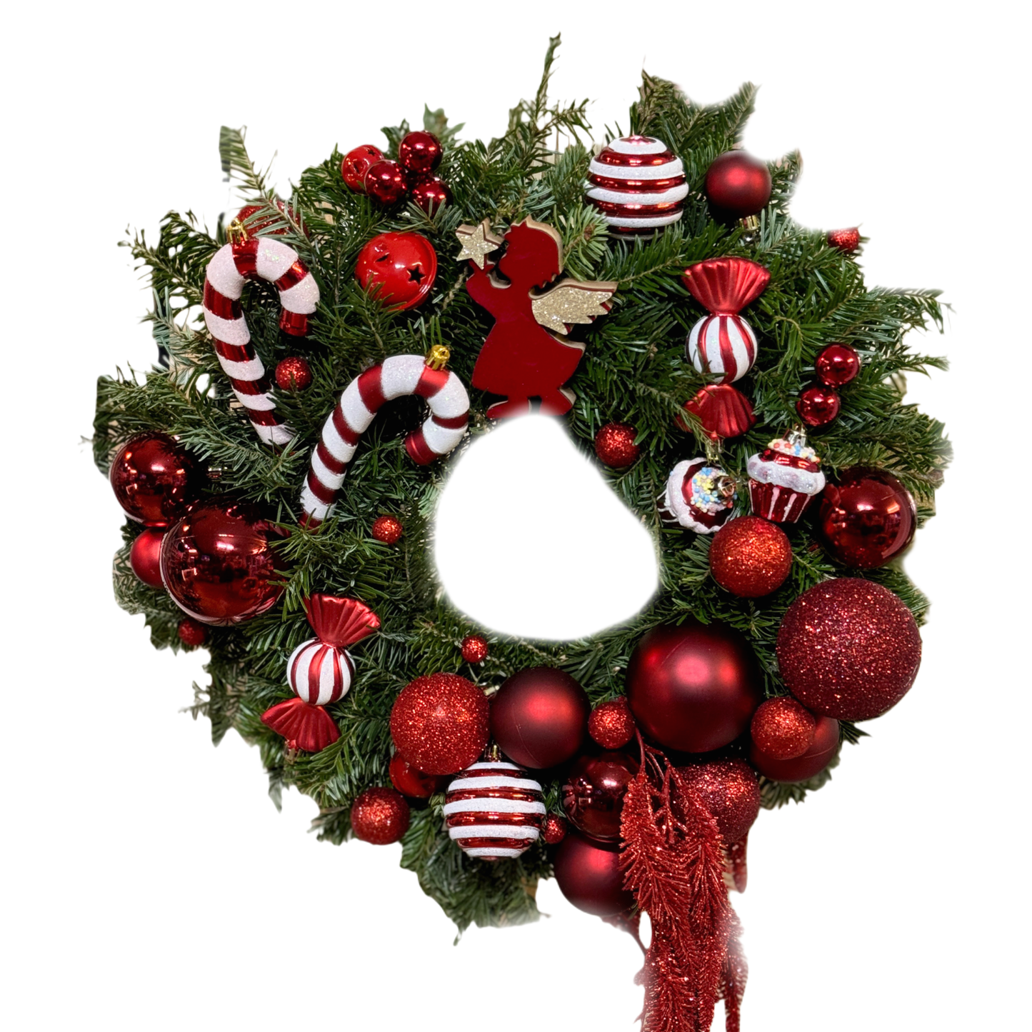 Candy Christmas Wreath – coroniță de Crăciun roșu și alb cu ornamente tip bomboană