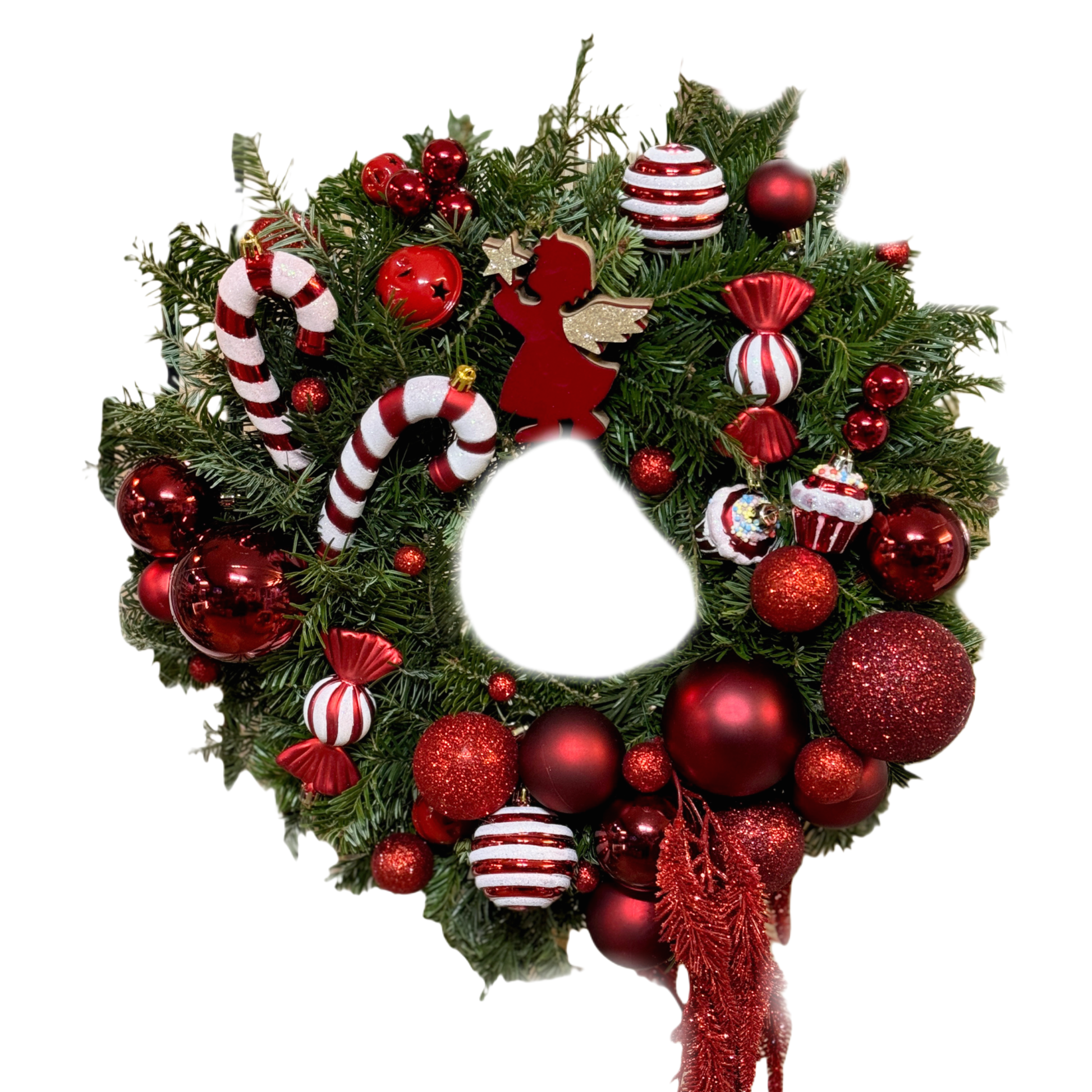 Candy Christmas Wreath – coroniță de Crăciun roșu și alb cu ornamente tip bomboană