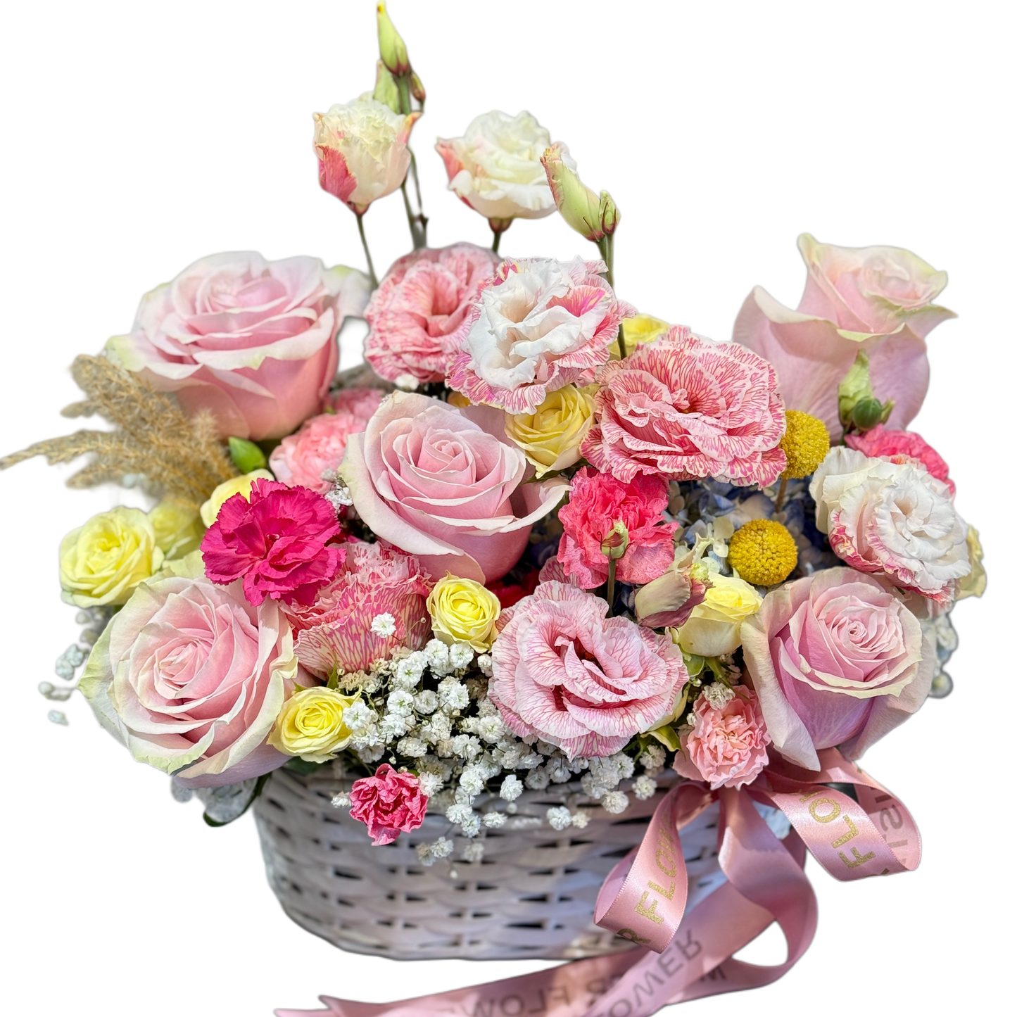 Coș floral cu trandafiri roz și lisianthus – Mister Flower