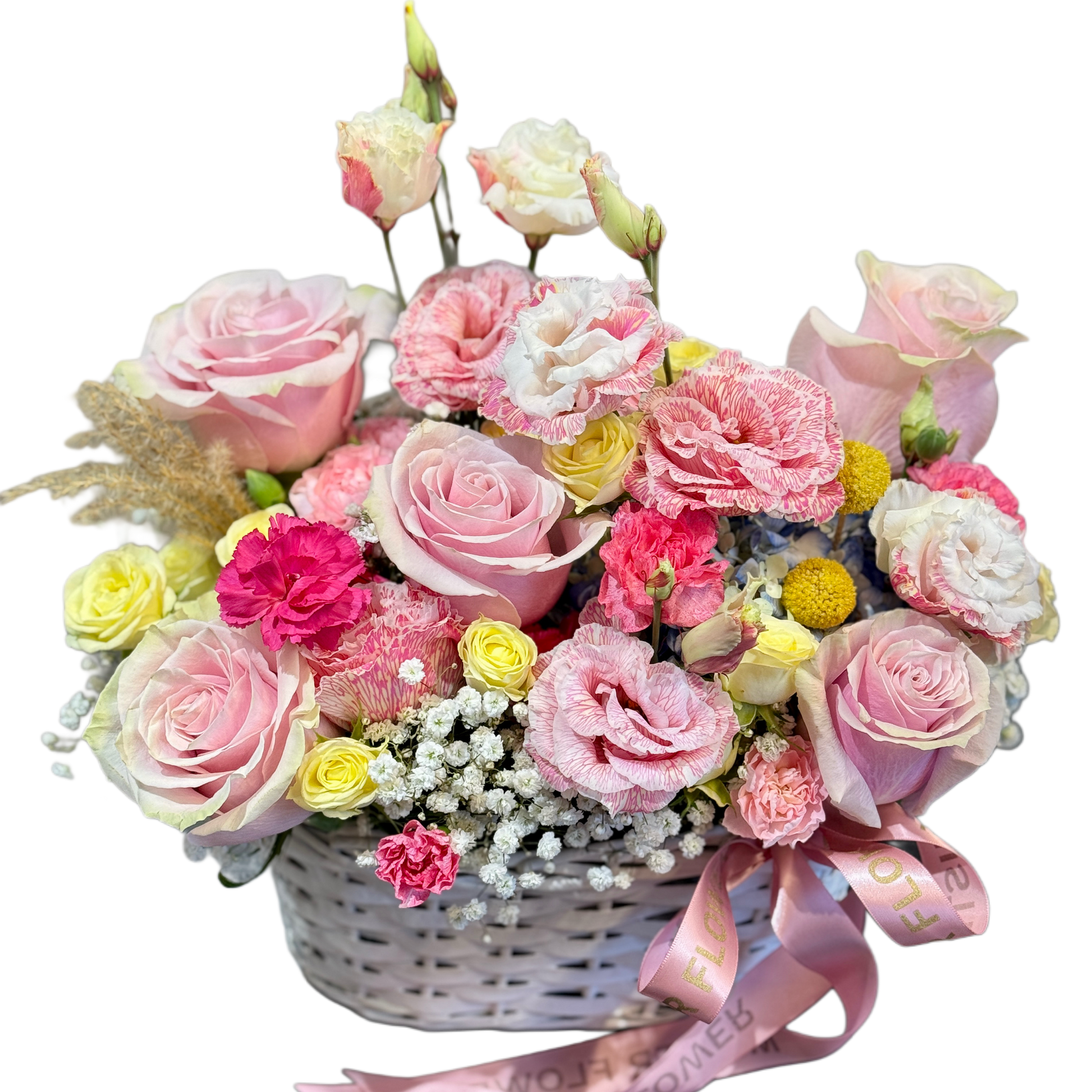 Coș floral cu trandafiri roz și lisianthus – Mister Flower