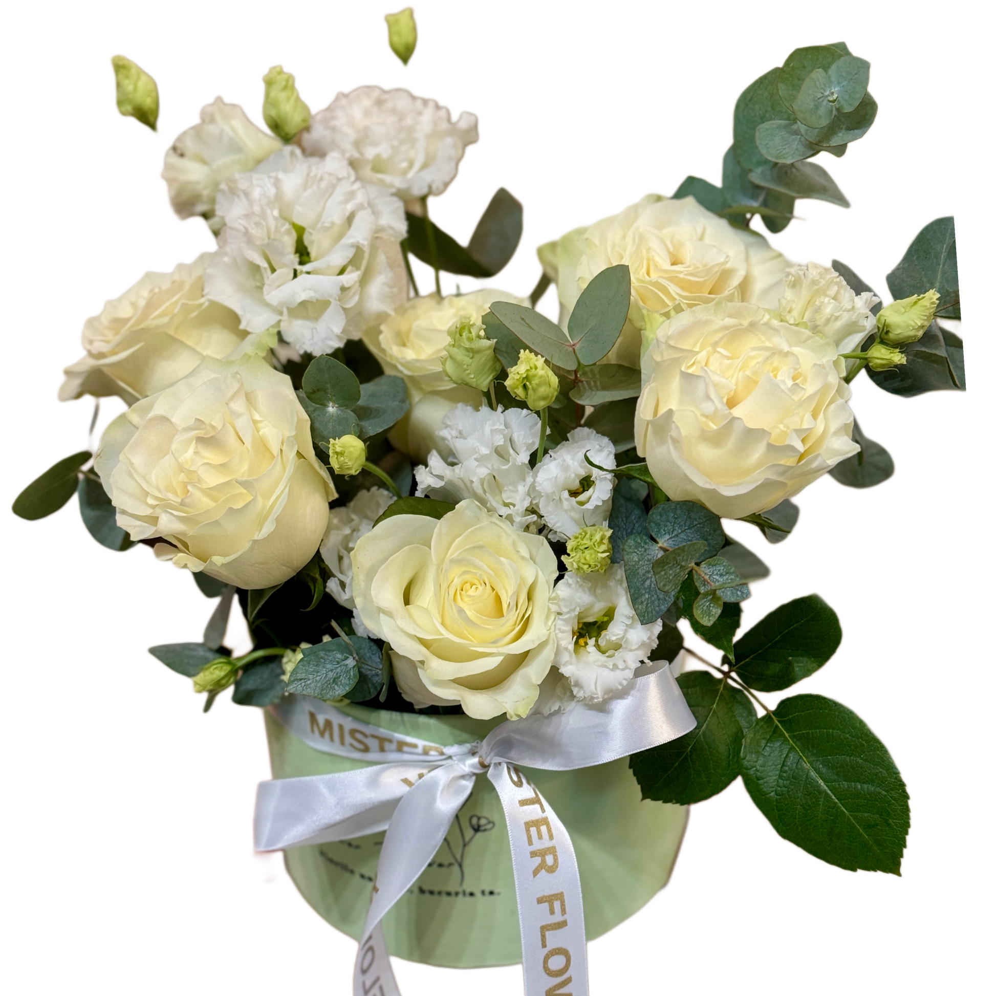 Cutie cu trandafiri ivoire și eustoma albă, cu eucalipt – Mister Flower