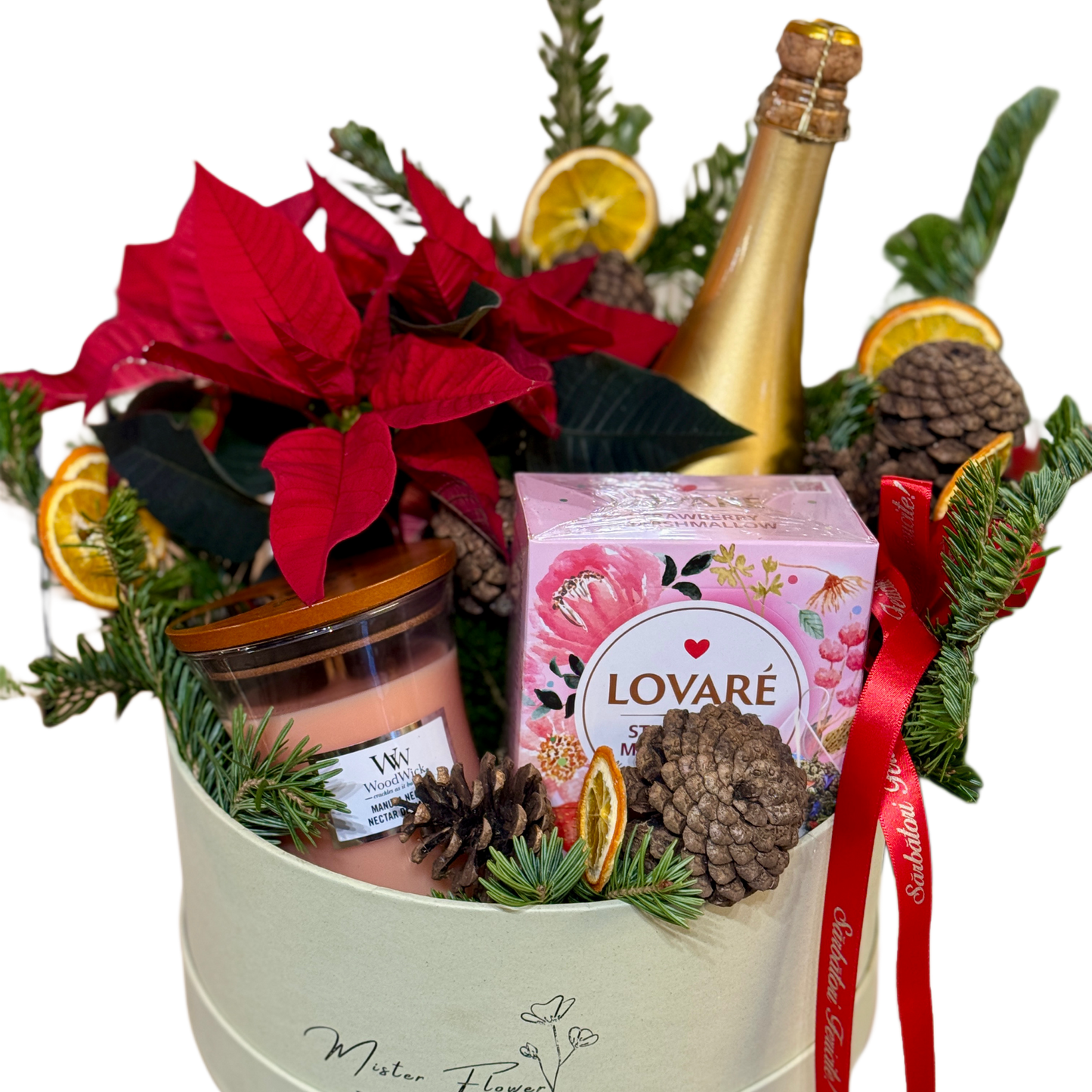 Festive Moments Gift Box cu Poinsettia, lumânare parfumată și sticlă festivă