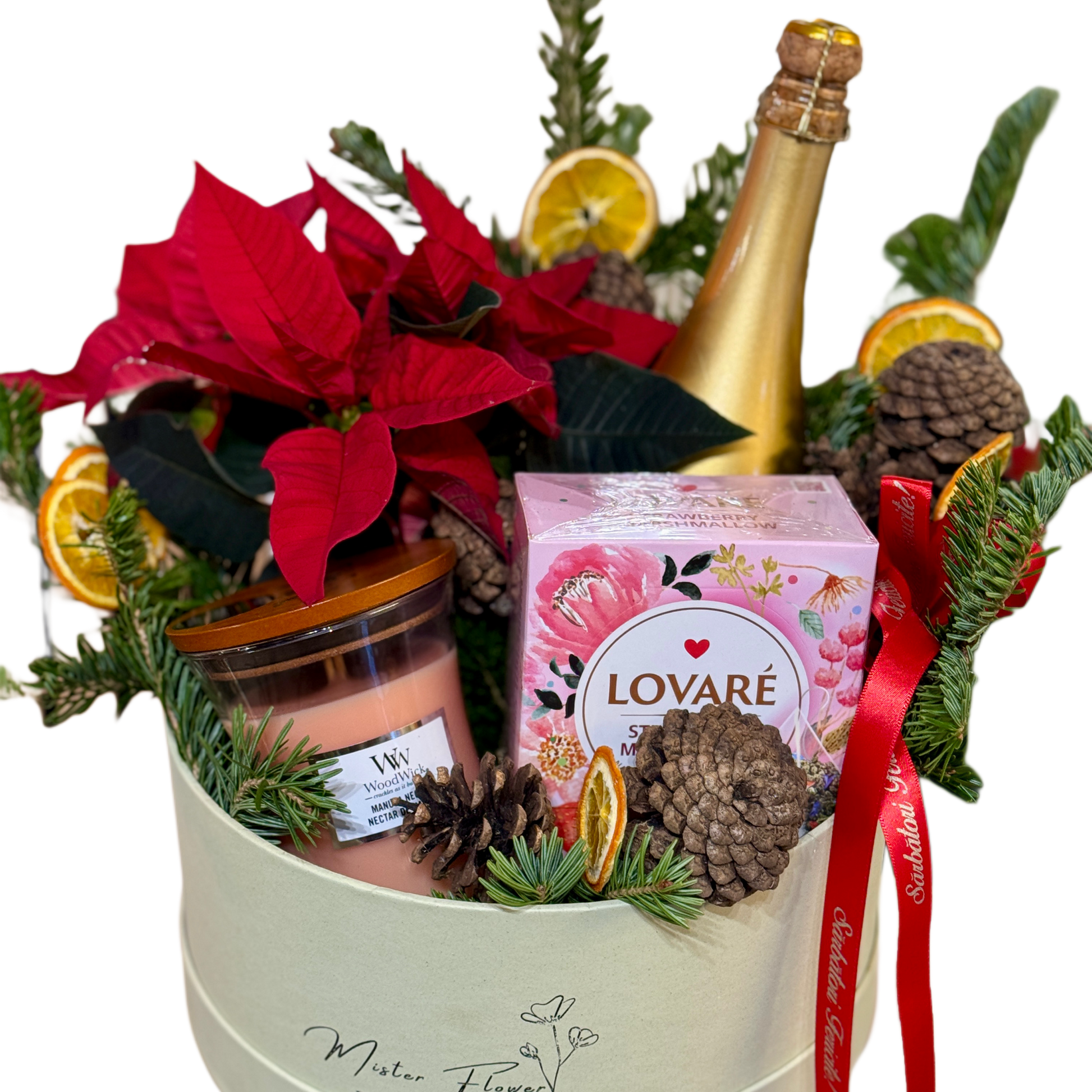 Festive Moments Gift Box cu Poinsettia, lumânare parfumată și sticlă festivă