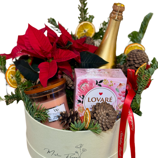 Festive Moments Gift Box cu Poinsettia, lumânare parfumată și sticlă festivă