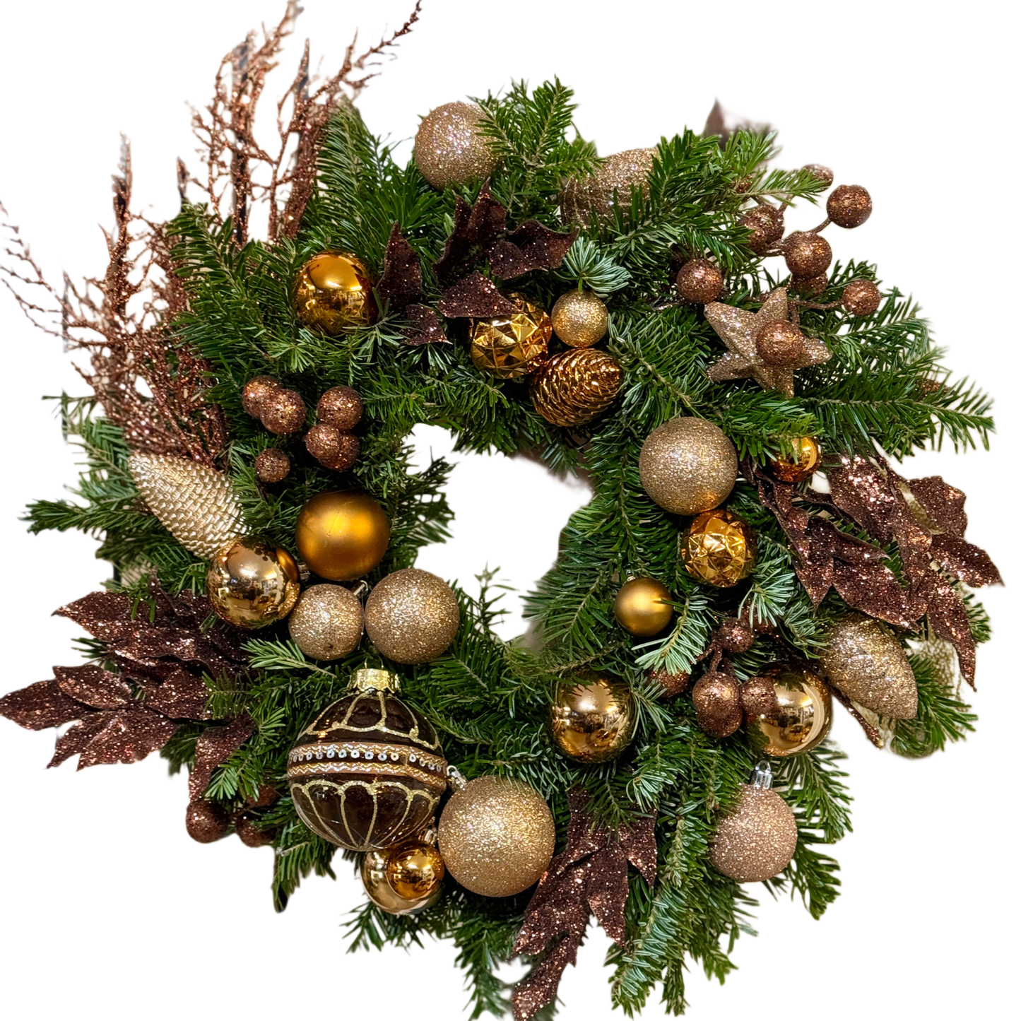 Golden Forest Wreath – coroniță de Crăciun cu globuri aurii și accente bronz