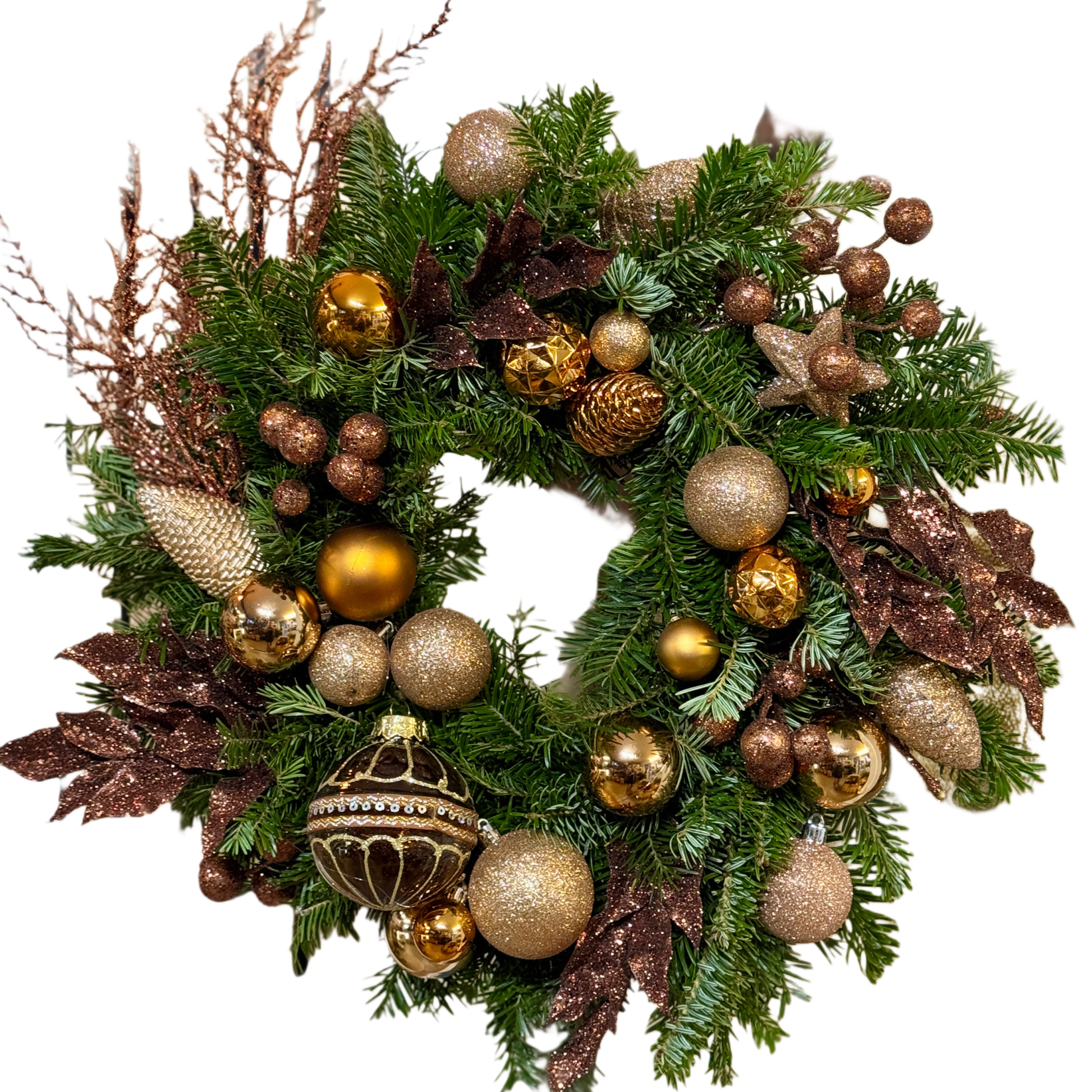 Golden Forest Wreath – coroniță de Crăciun cu globuri aurii și accente bronz